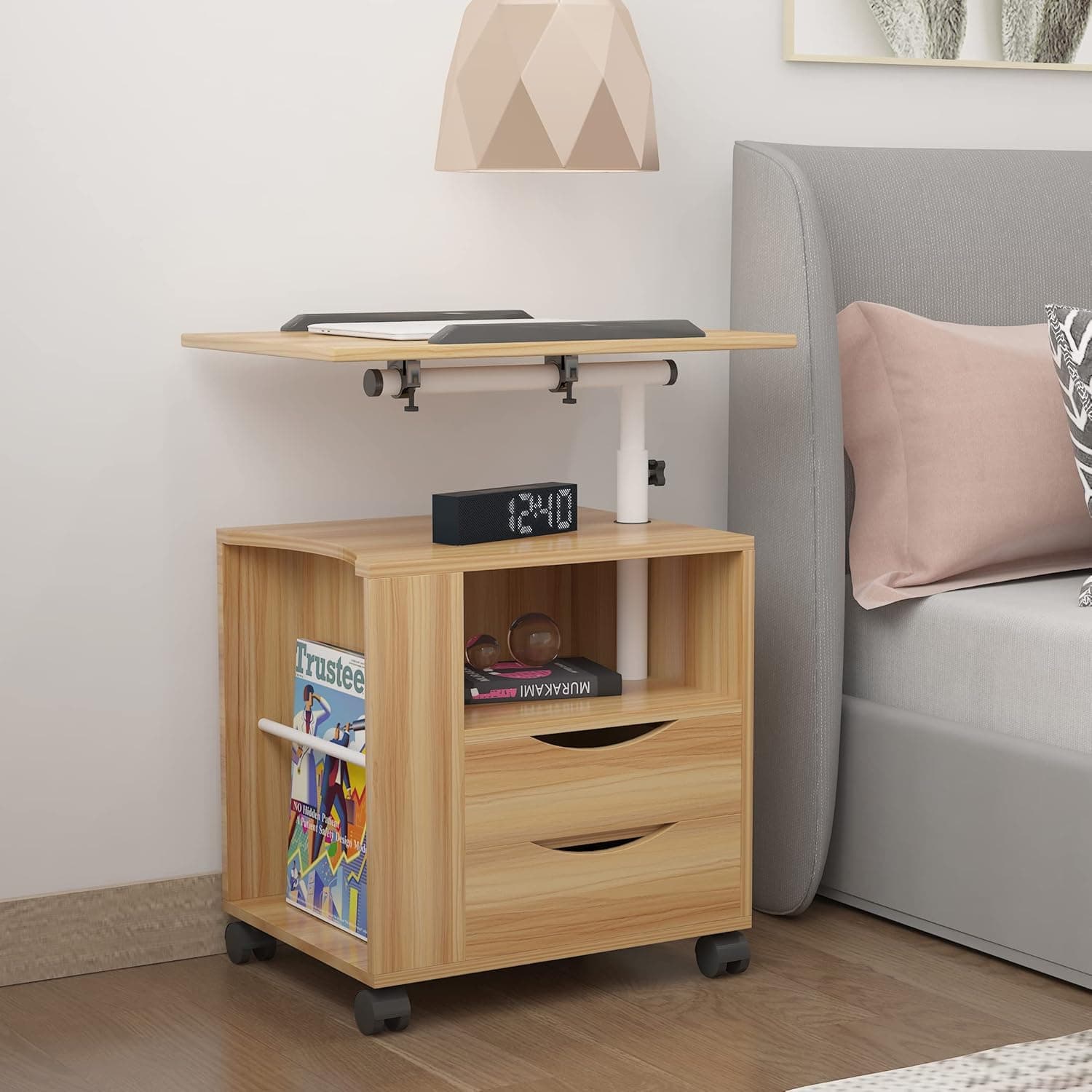 WERSMT Bedside Functional Height Adjustable Table Nightstand with Wheels and, Storage Drawers, Laptop Workstation Desk, Oak