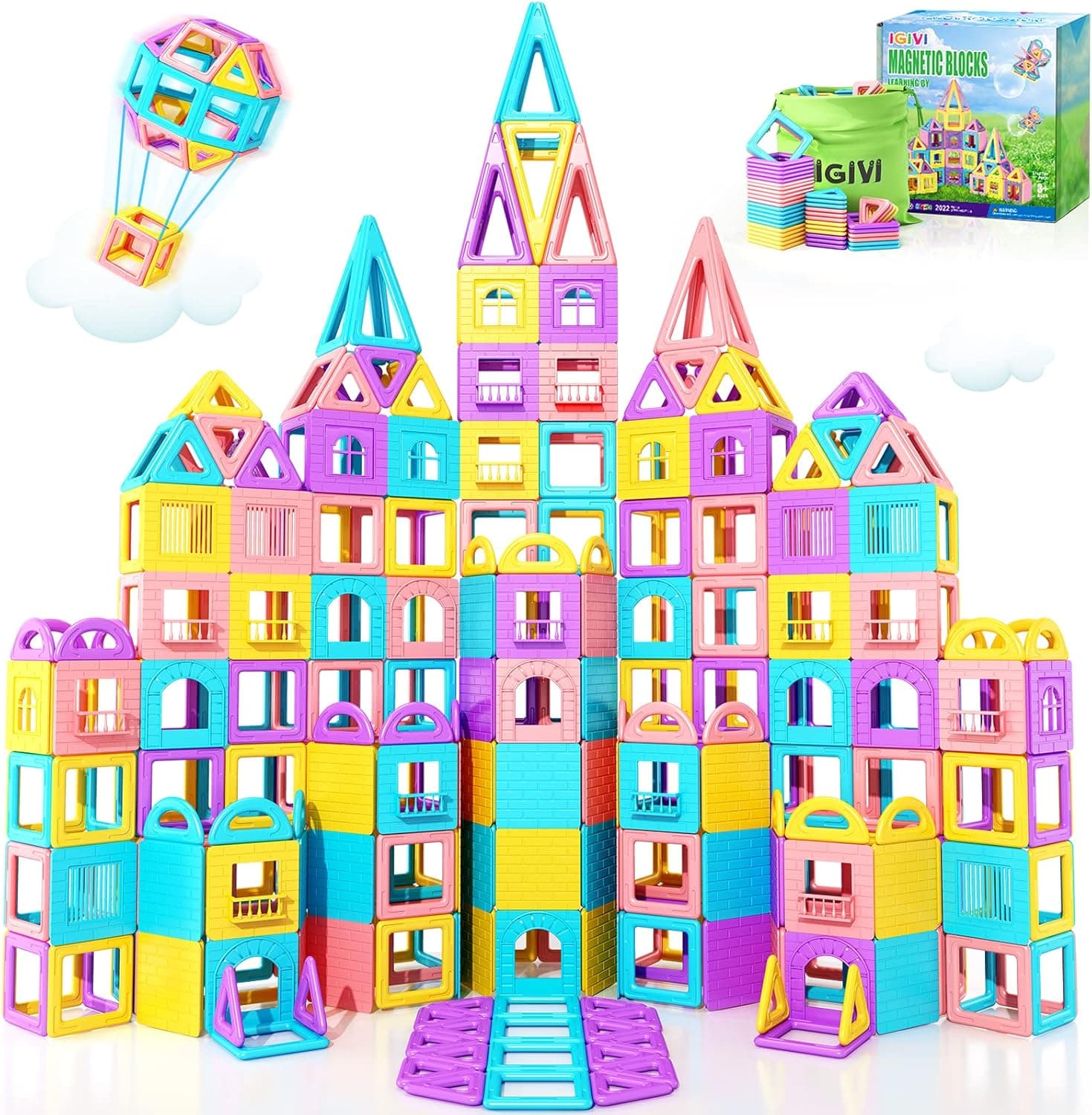 IGIVI Magnetic Blocks Toddler Toys for 3+ Year Old Girls & Boys, Magnetic Tiles Castle Building Blocks Princess Toys, Birthday Gifts for 3 4 5 6 7 8+ Year Old, Learning STEM & Sensory Toys for Kids