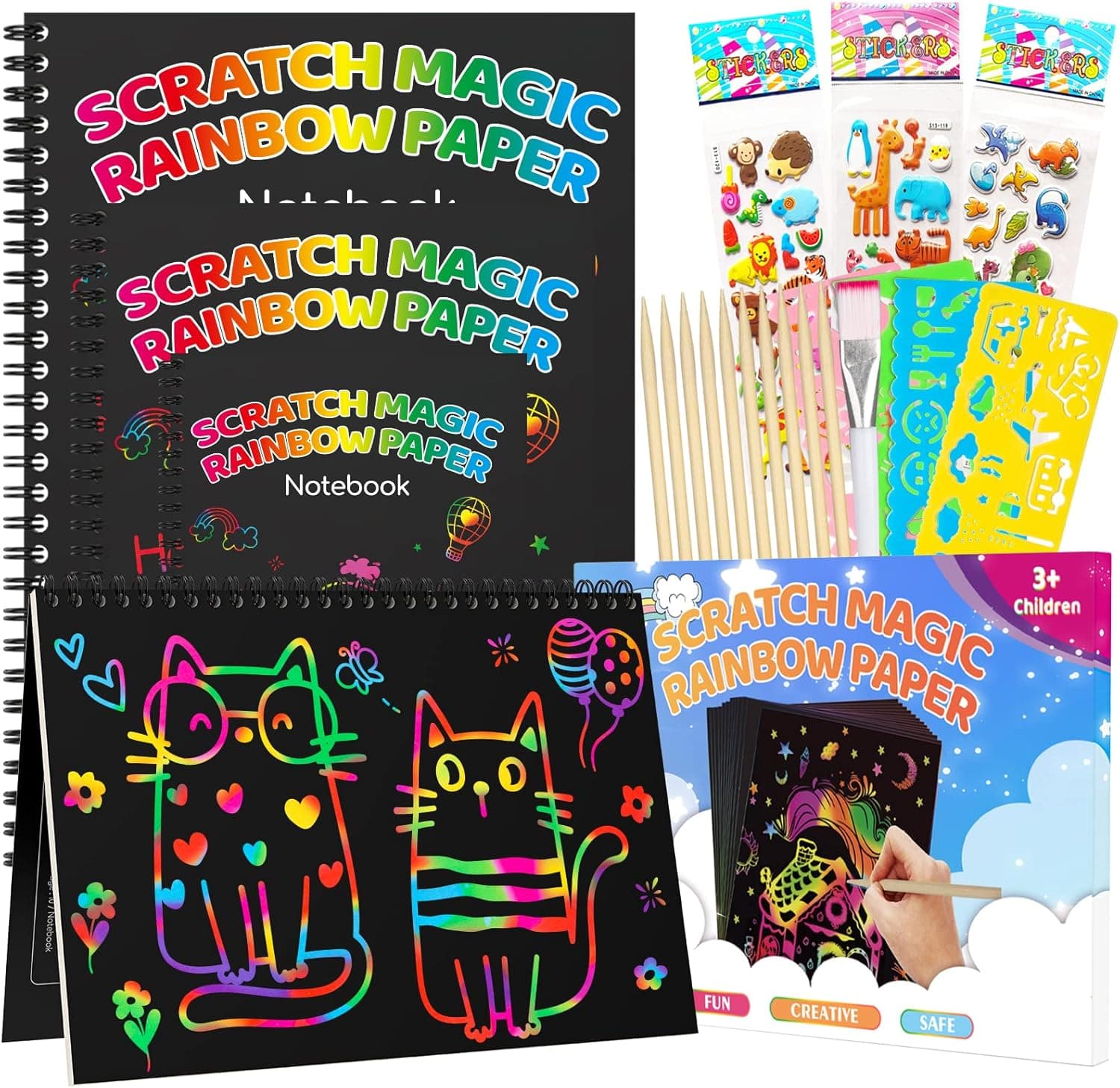 UCIDCI Scratch Paper Art - 3 Pack Magic Art Notebooks Set with Stencils & Stickers, Arts and Crafts Drawing Paper Kit Kids Toy Gifts for 3 4 5 6 7 8 Year Old Girls and Boys Birthday Christmas Holiday