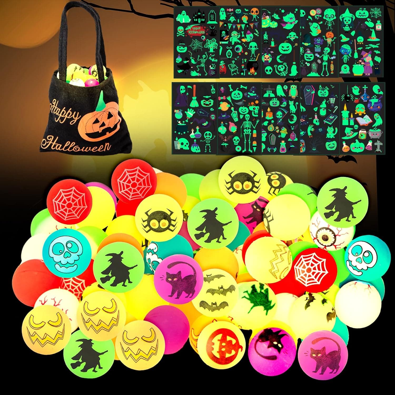 100/50 Pcs Halloween Party Favors Glow in The Dark Bouncy Balls for Kids Decorations Supplies Trick Or Treat Toys Goodie Bag Fillers 10 Halloween Theme Designs Bouncing Balls Bulk Classroom Game