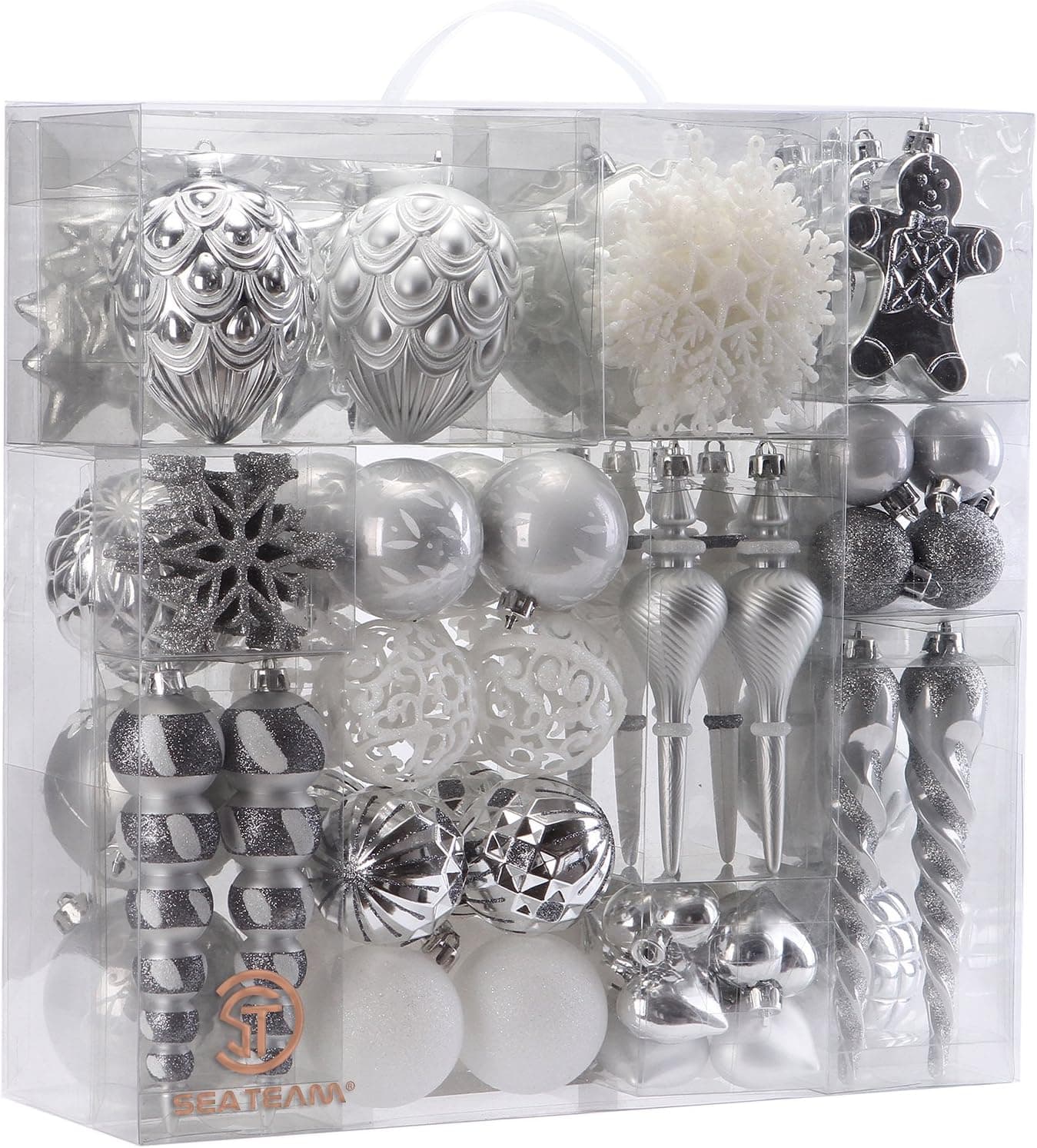 Sea Team 78 Pieces of Assorted Shatterproof Christmas Ball Ornaments Set Seasonal Decorative Hanging Ornament Set with Reusable Hand-held Gift Package for Holiday Xmas Tree Decorations, Silver