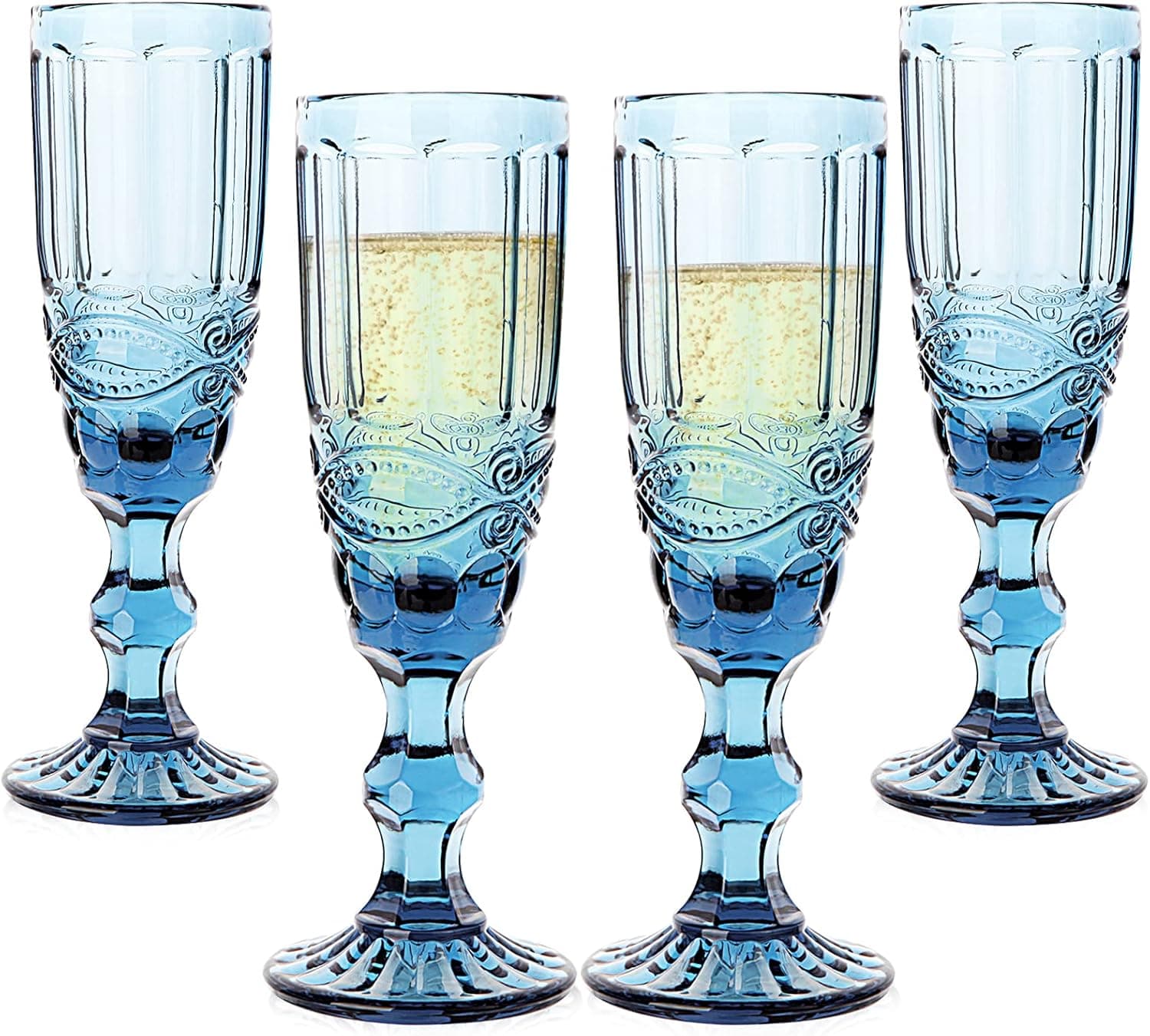 Taganov Vintage Champagne Glasses set of 4 Blue Champagne Flutes 5 oz Goblets for Wedding Party Anniversary Christmas Premium Glass 150 ml