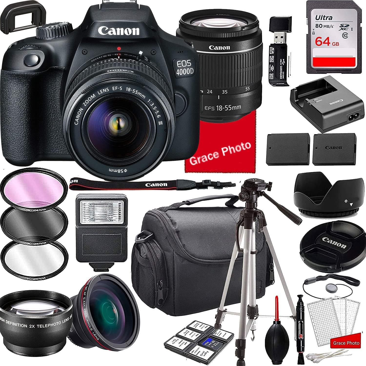 Canon EOS 4000D DSLR Camera with 18-55mm f/3.5-5.6 Zoom Lens , 64GB Memory,Case, Tripod and More (28pc Bundle)