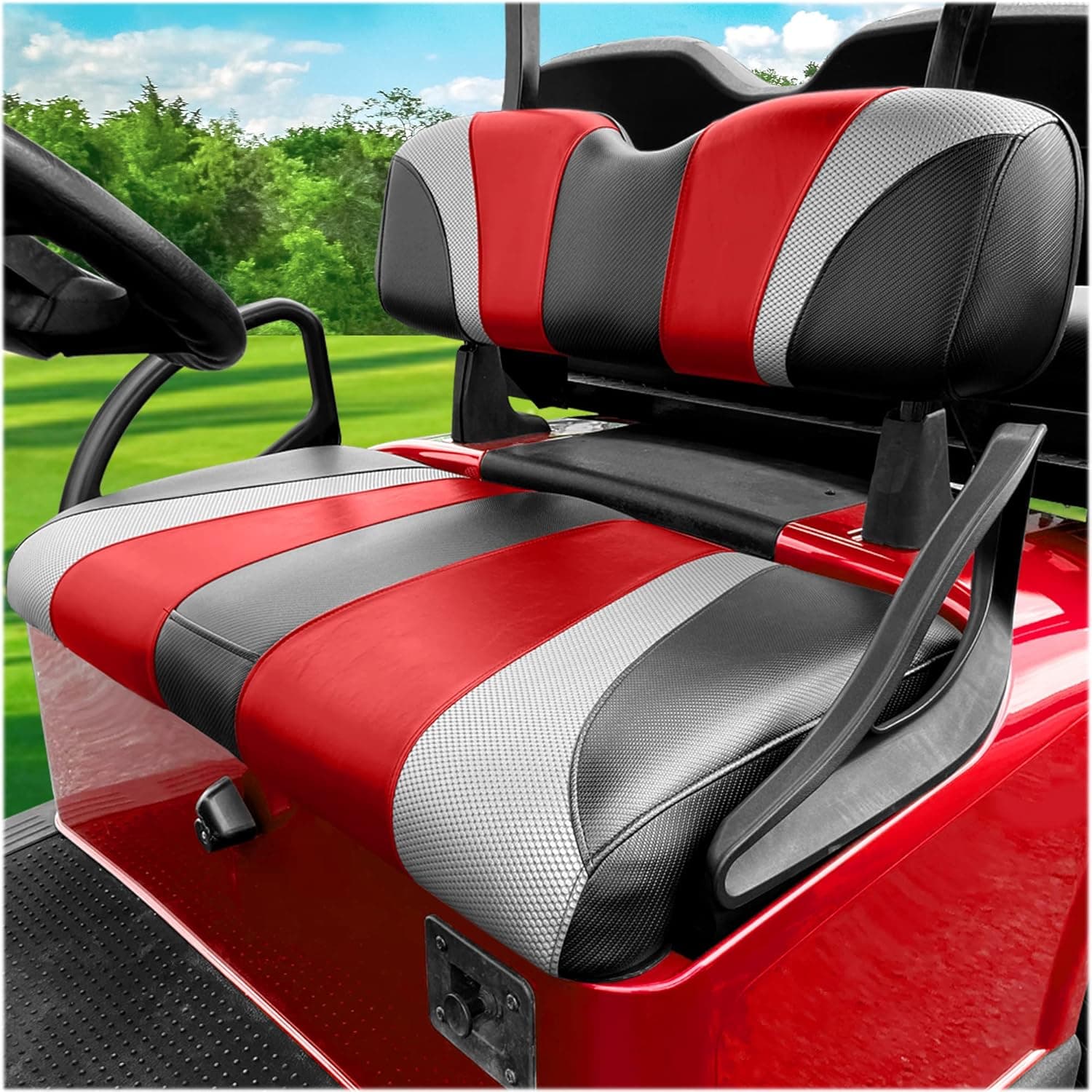 Golf Cart Seat Covers EZGO - EZGO Golf Cart Seat Covers with Golf Cart Phone Holder for EZGO TXT and EZGO RXV - EZGO Golf Cart Accessories - Staple-On Golf Cart Seat Cover – Red