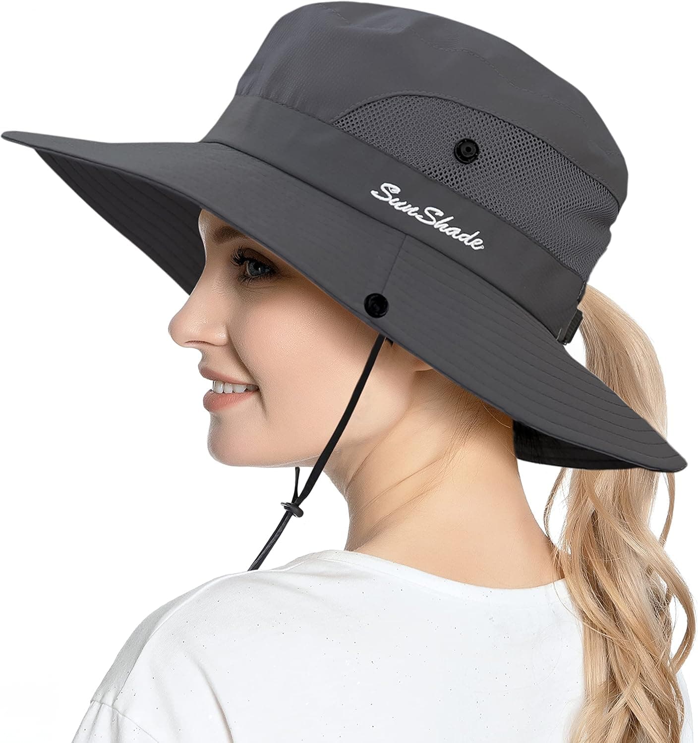 Womens Ponytail Sun Hat UV Protection Wide Brim Foldable Summer Beach Fishing Hats