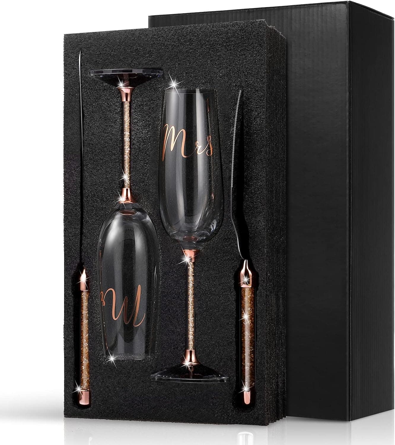 Boao 4 Piece Wedding Toasting Flutes and Cake Server Set Wedding Reception Supplies Champagne Glasses Cake Knife Pie Server (Rose Gold Diamond, Simple)