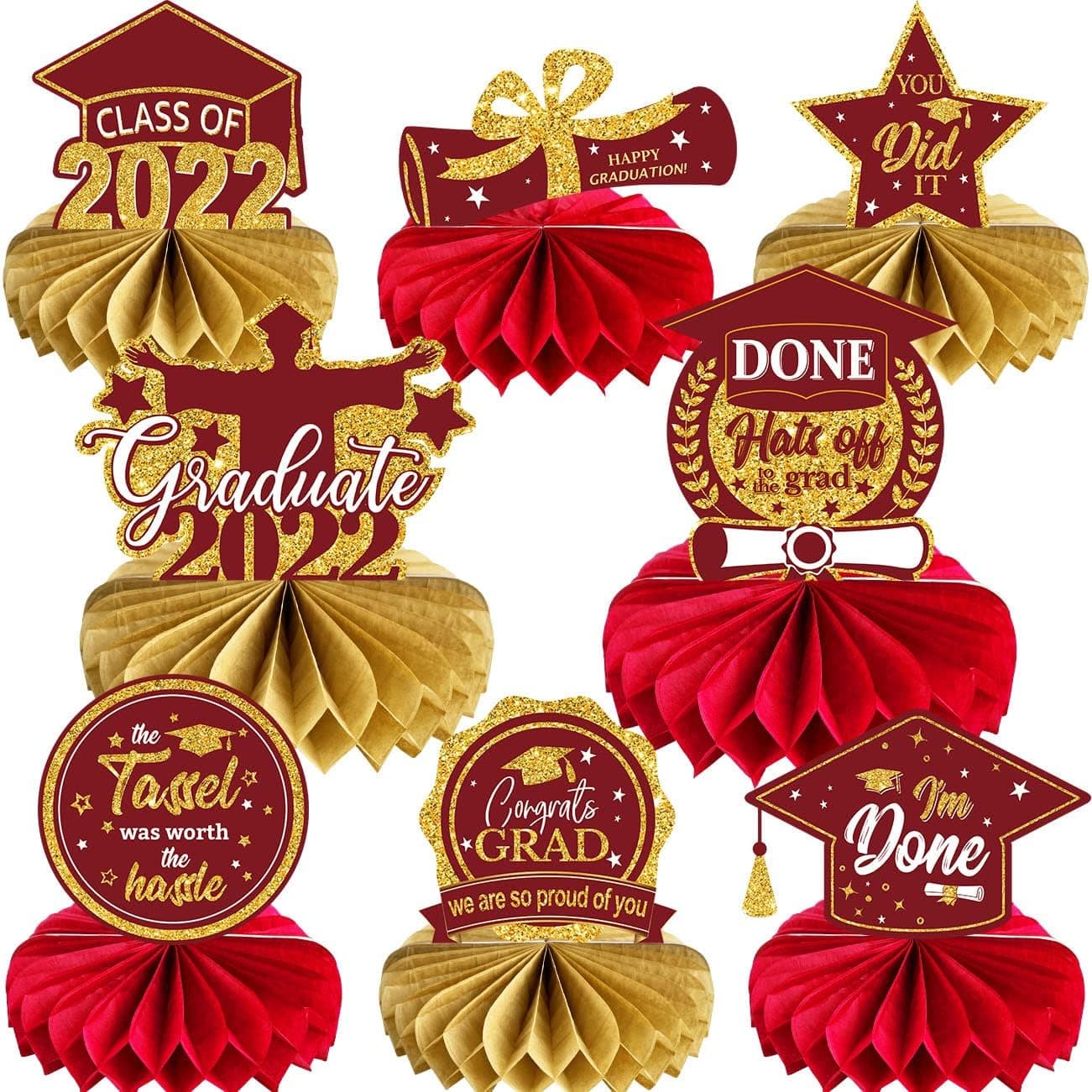 8 PCS Graduation Centerpieces for Tables 2022 Maroon and Gold Honeycomb Centerpiece Class of 2022 Graduation Decorations Party Favors