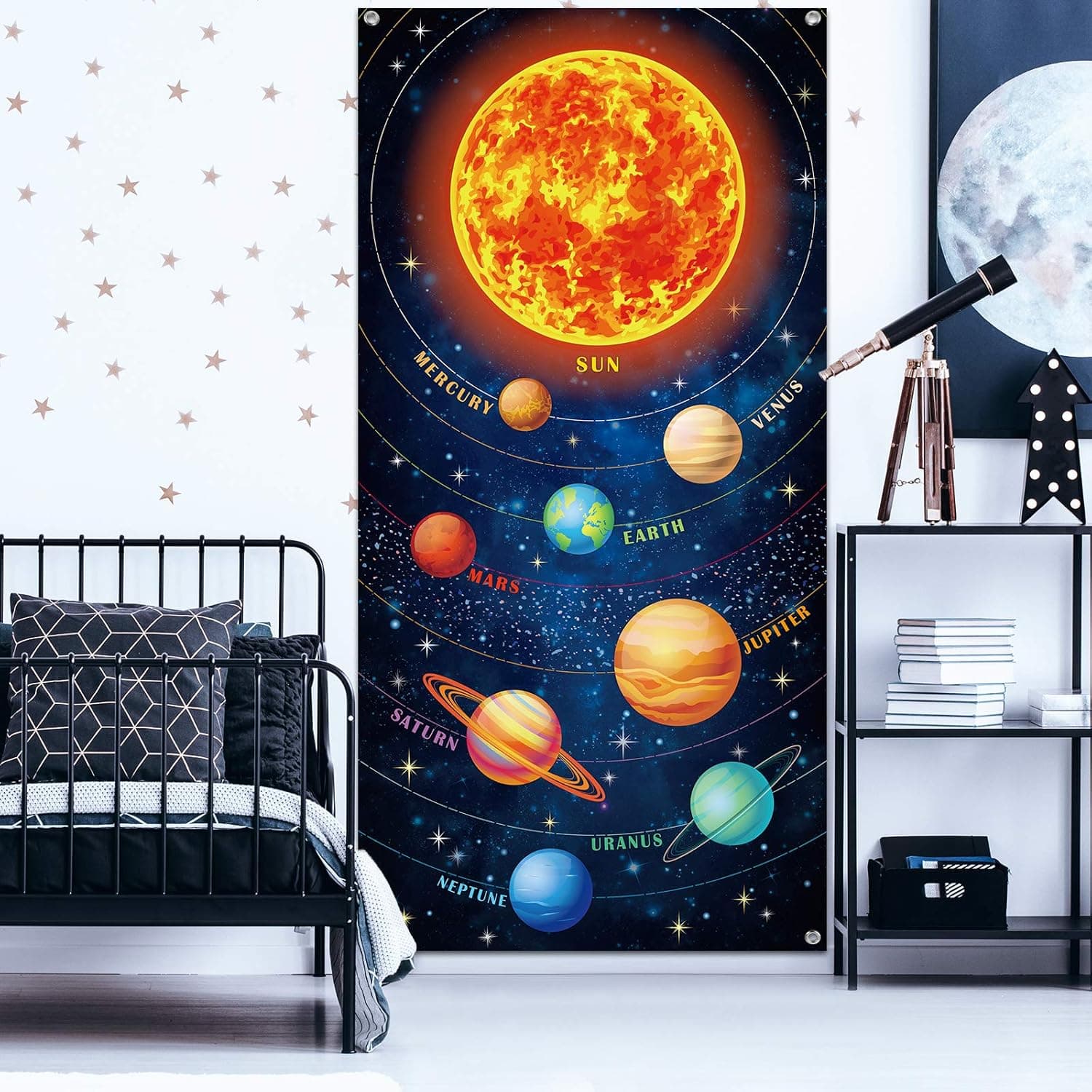 Solar System Photography Decoration Large Planets Poster Space Theme Door Banner Backdrop Solar System Wall Art for Playroom Classroom Party Decoration, 6 x 3 ft