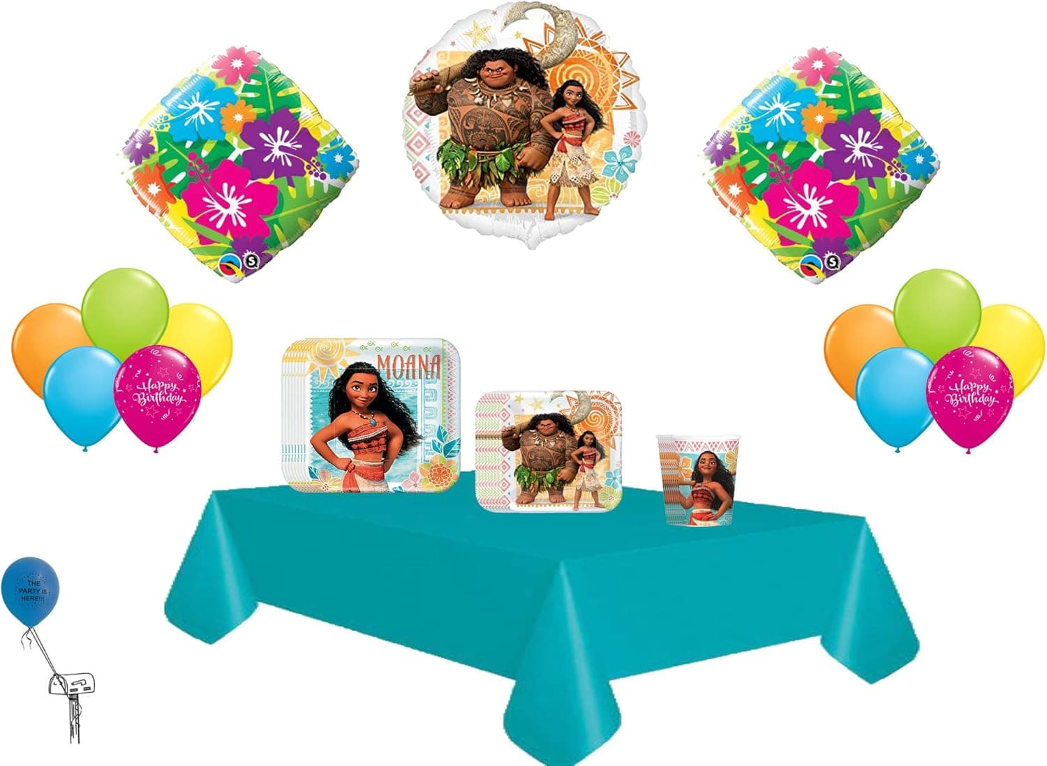 Disney Moana Party Pack & Balloon Bouquet 8 Guest ~ 1Table Cover,14pc Balloon Bouquet ~ Lunch Plates, Dessert Plates, Cups,