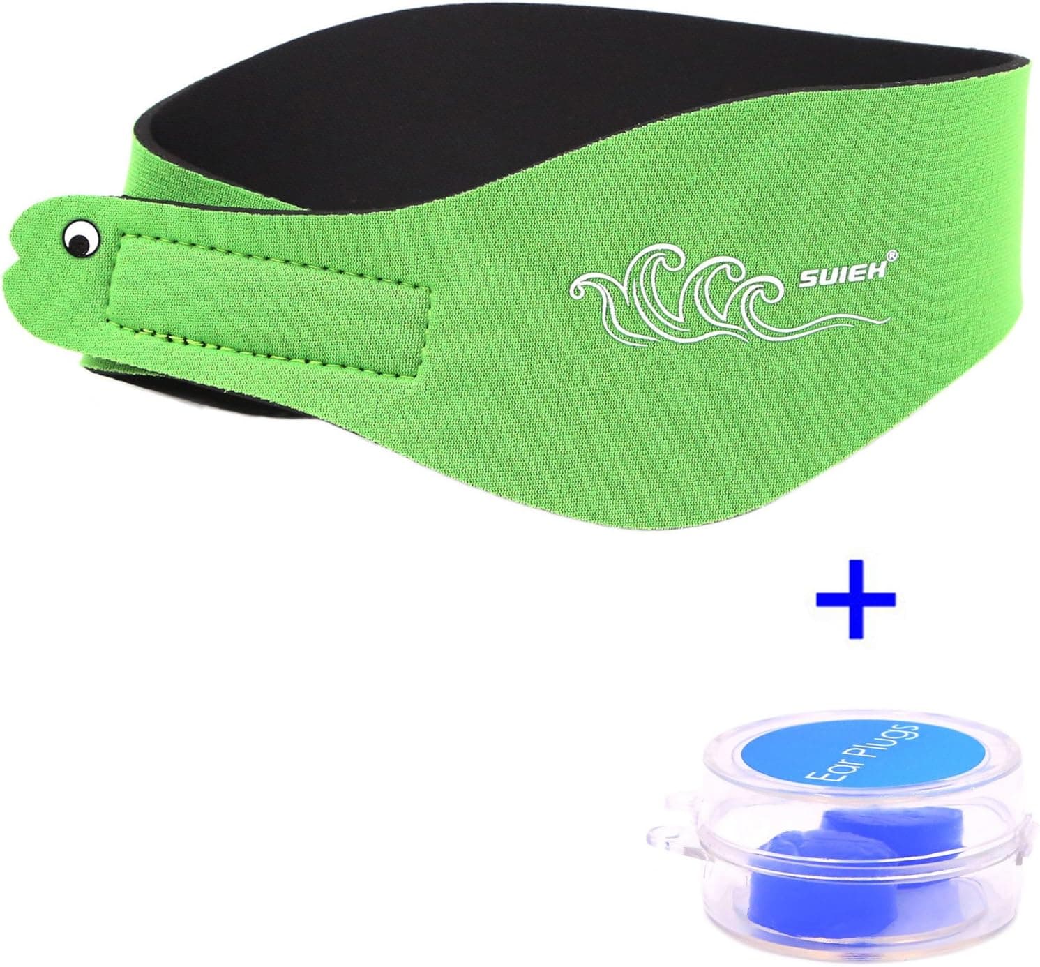 SUIEK Swimming Headband - Free Swimming Earplugs a Pair (Sea Wave - Green, M: 6 M- 3 Years, Head Size 13.5"-17.5")