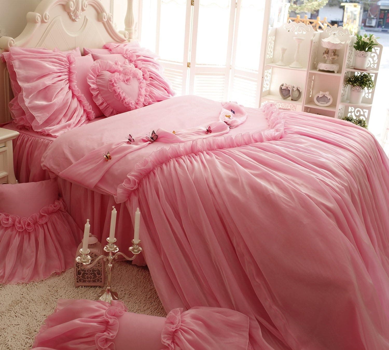 FADFAY Luxury Korean Girls Bedding Set Romantic Lace Ruffled Duvet Cover Sets,Pink-Queen