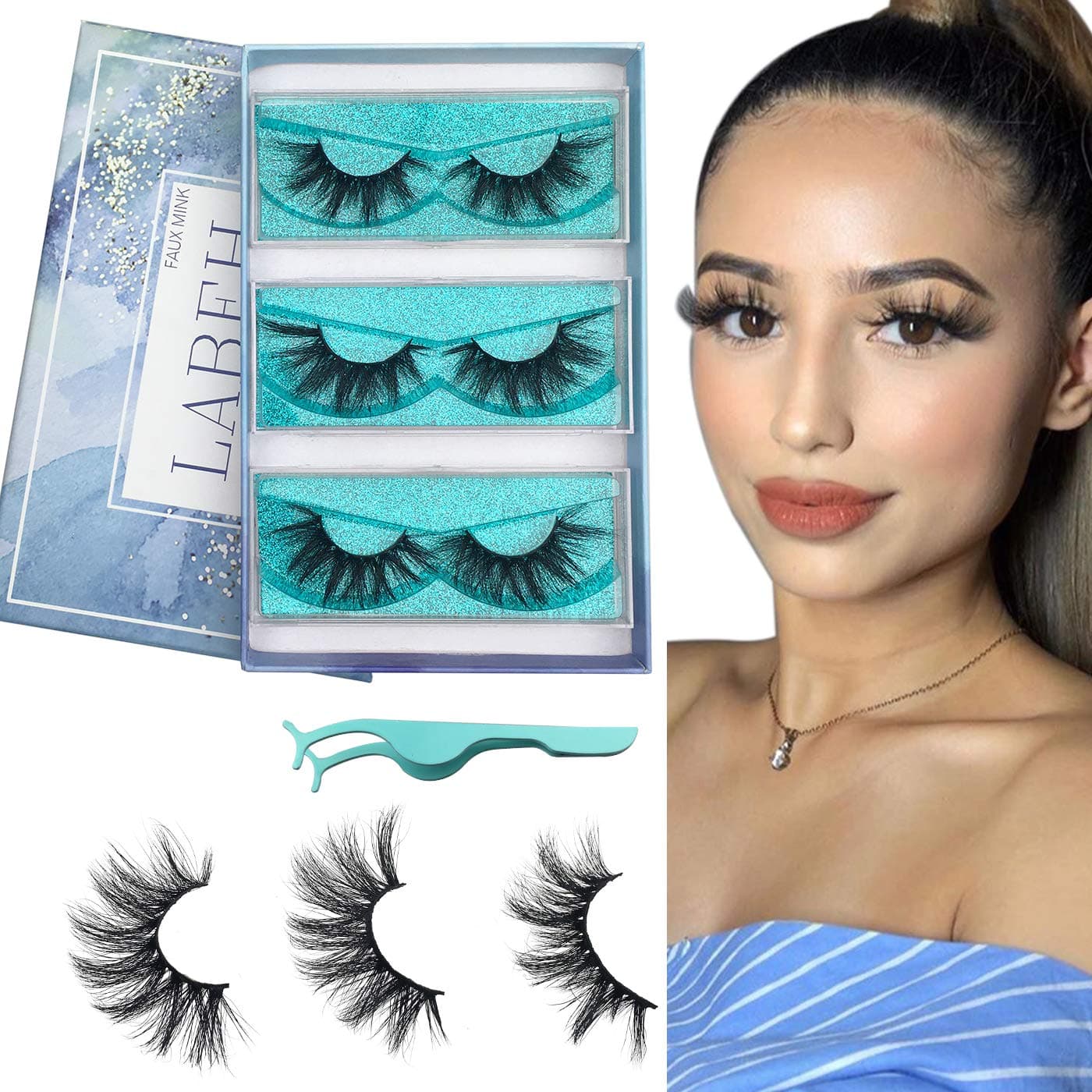 LAB·EH 3D Mink Eyelashes, 18mm to 20mm Middle Long Fake Eyelashes 3 Pairs Natural 100% Siberian Real Mink Fur Eyelashes Reusable Handmade False Eyelashes
