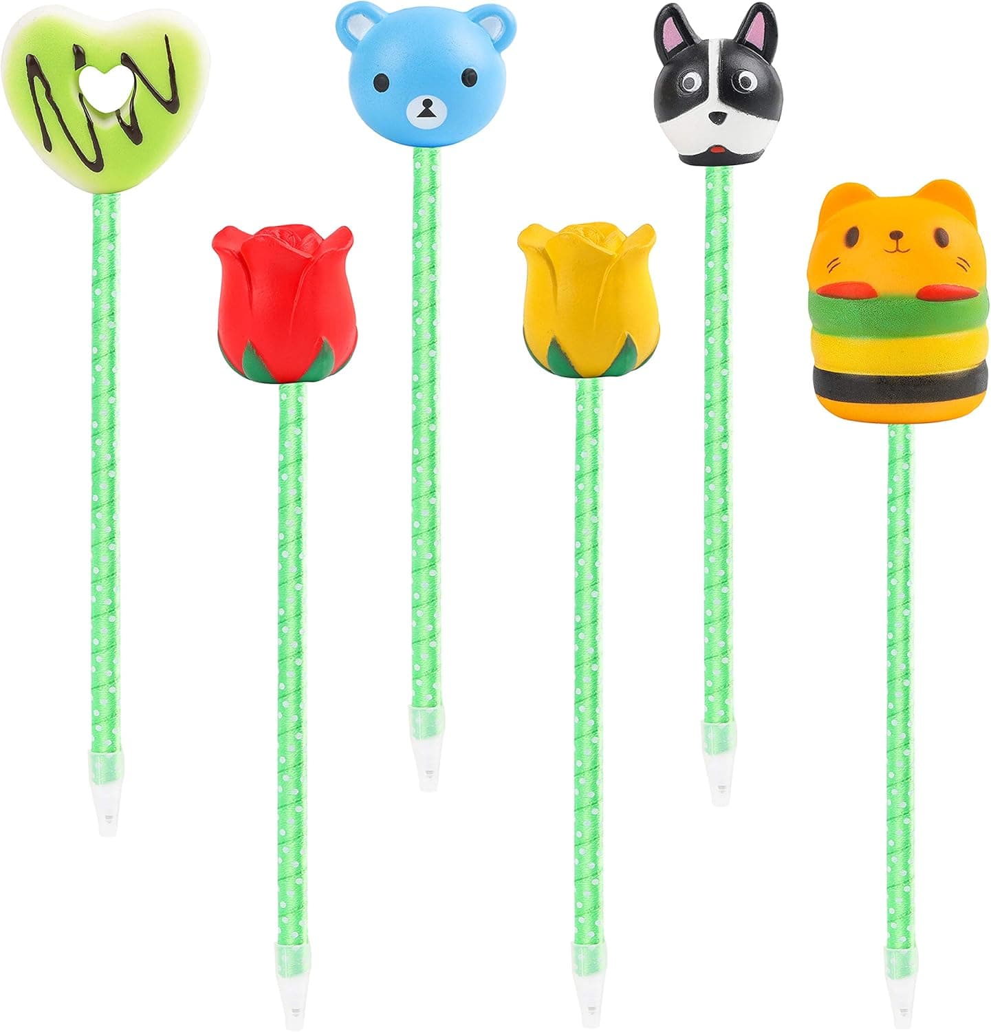 Grobro7 Kawaii Squishy Pens Slow Rising Squeeze Toy Set -Doggy/Rose/Tulip/Heart-Shaped/Hamburger Cat Pencil Toppers, Office, School, Party Favor Stress Relieve Toys Gifts (6 Pack)