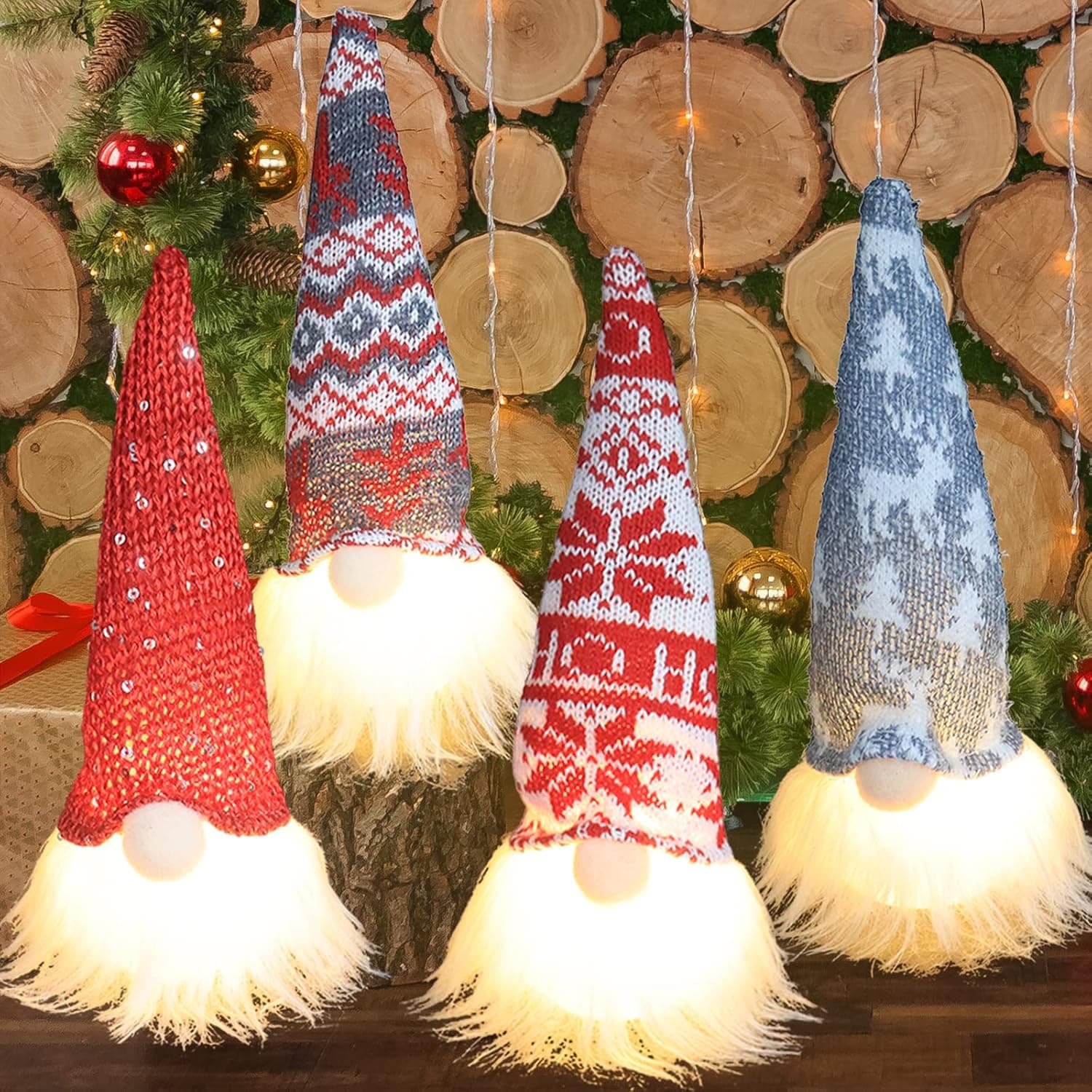 OuMuaMua Christmas Gnome Decorations with LED Light - 4 Pack Light Up Gnomes Handmade Plush Swedish Gnomes for Holiday Christmas Winter Night Home Decorations