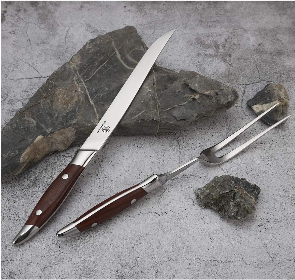 ENNSUN Carving Set of BBQ Meat Turkey Knife and Roast Fork 2PC Set in Premium Gift Box Heavy Duty German Steel Forged Steak Barbecue Teppanyaki Tools