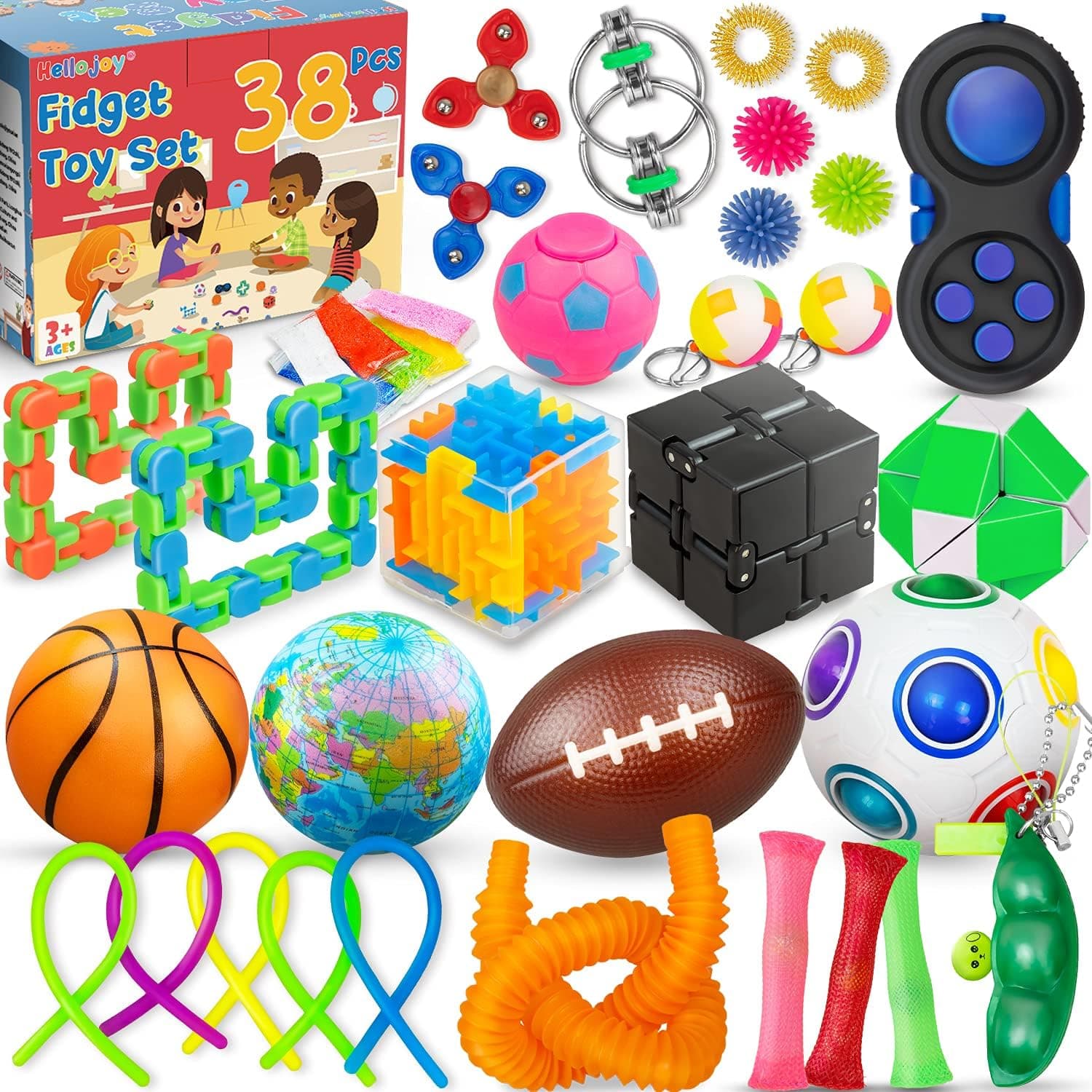 HelloJoy 38 Pack Sensory Fidget Toys Set, Stress Anxiety Relief and Autism Toys for ADD OCD Autistic Children Adults, Push Bubbles Fidget Pad Stress Balls Marble Mesh Tube Fidget Box