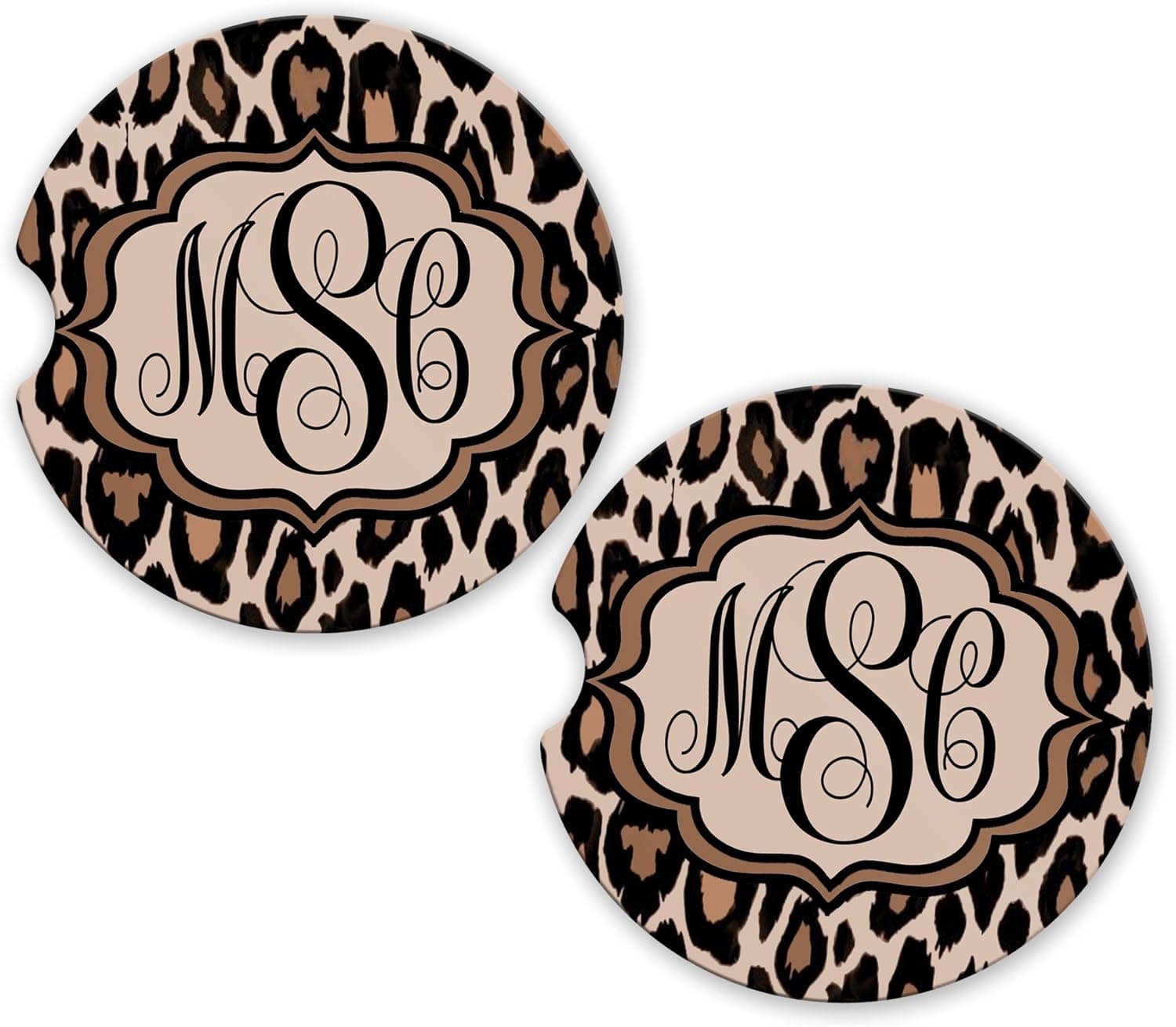 BrownInnovativeMedia Leopard Cheetah Monogram Sandstone Cup Holder Matching Coaster Set