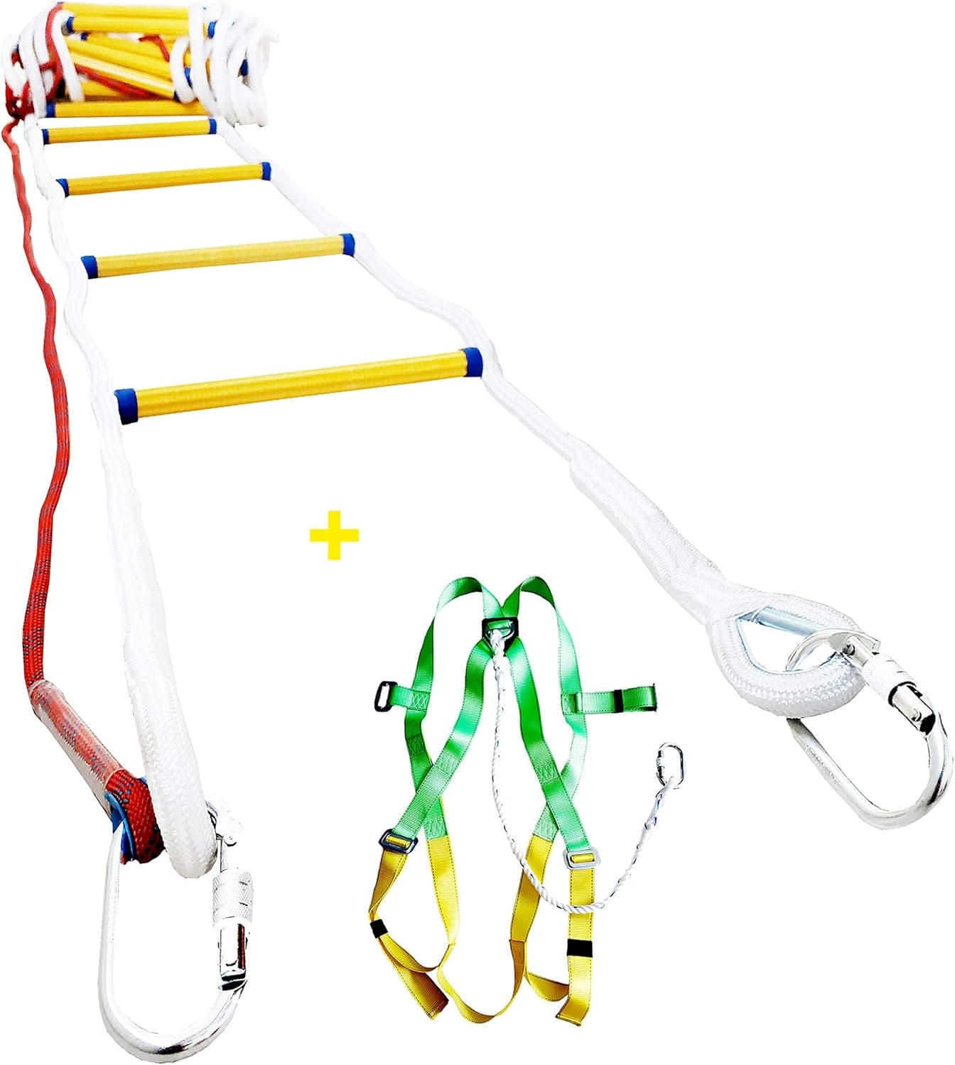 Emergency Escape Rope Ladder Kit 3-4 Story Homes 32 ft Flame Resistant Fire Safety Ladders with Fall Protection Harness with Safety Cord - Fast Deploy & Simple to Use -Reusable