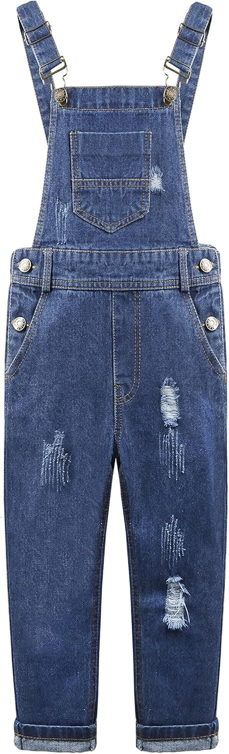 KIDSCOOL SPACE Girls Boys Denim Ripped Overalls,Washed Distressed Cotton Jean Pants
