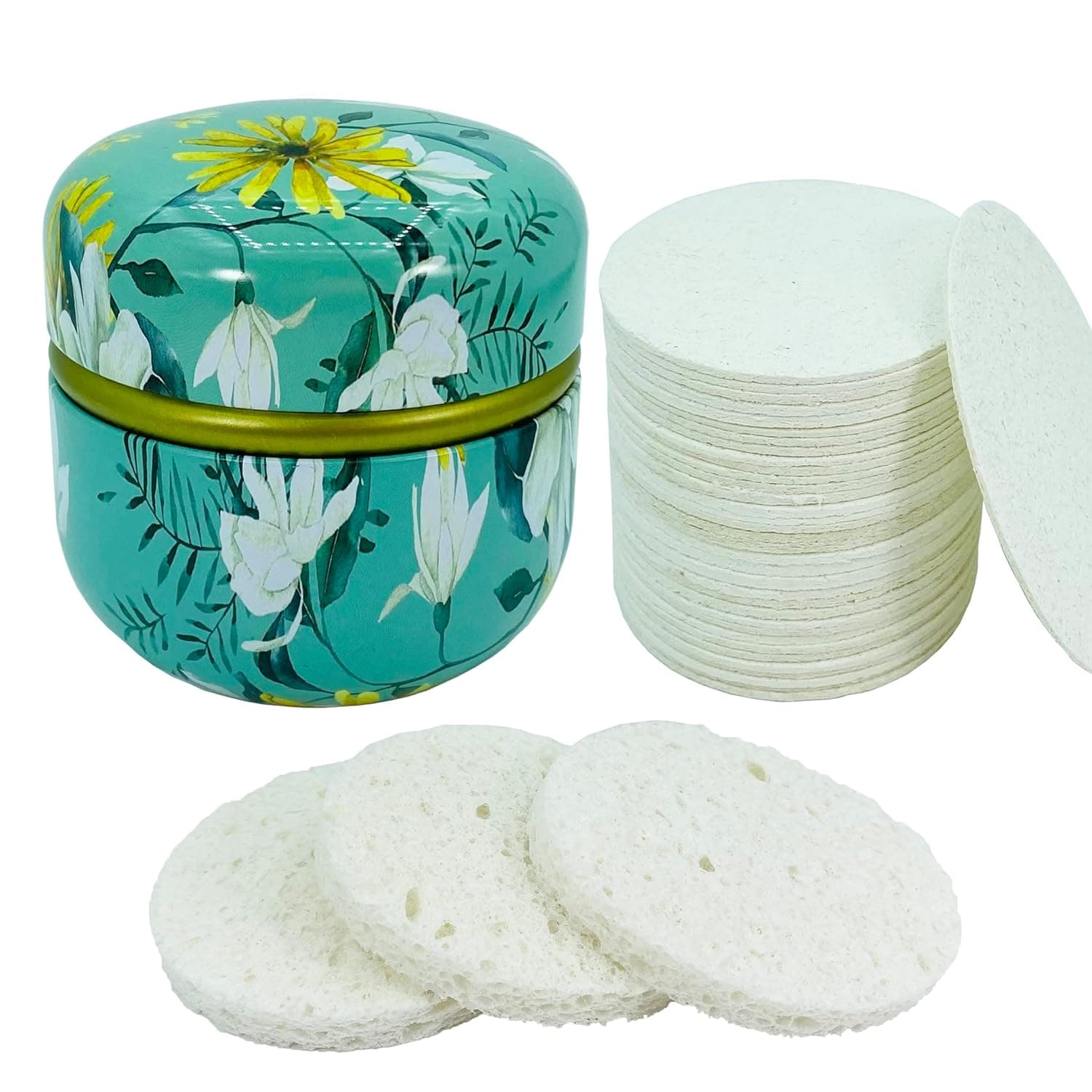 50-Count CGR Compressed Cellulose Facial Sponges with Color aluminum can, 100% Natural Cosmetic Spa Sponges for Facial Cleansing, Exfoliating Mask, Makeup Removal, Compostable & Biodegradable, Plastic Free (Green Holder-60 count)