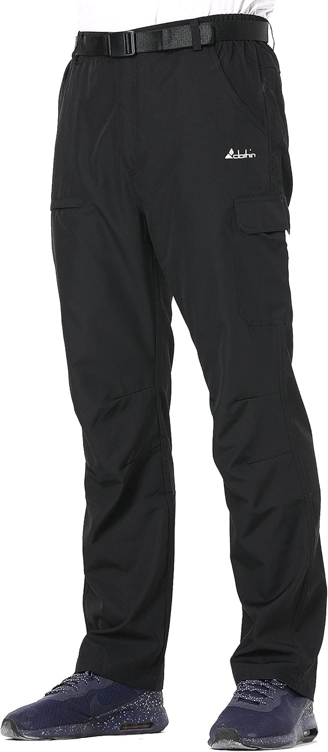 Mens Belted Elastic Waist Cargo Pants Lightweight Quick-Dry Water-Repellent, Black, XL (37-39W*30.5/Regular)