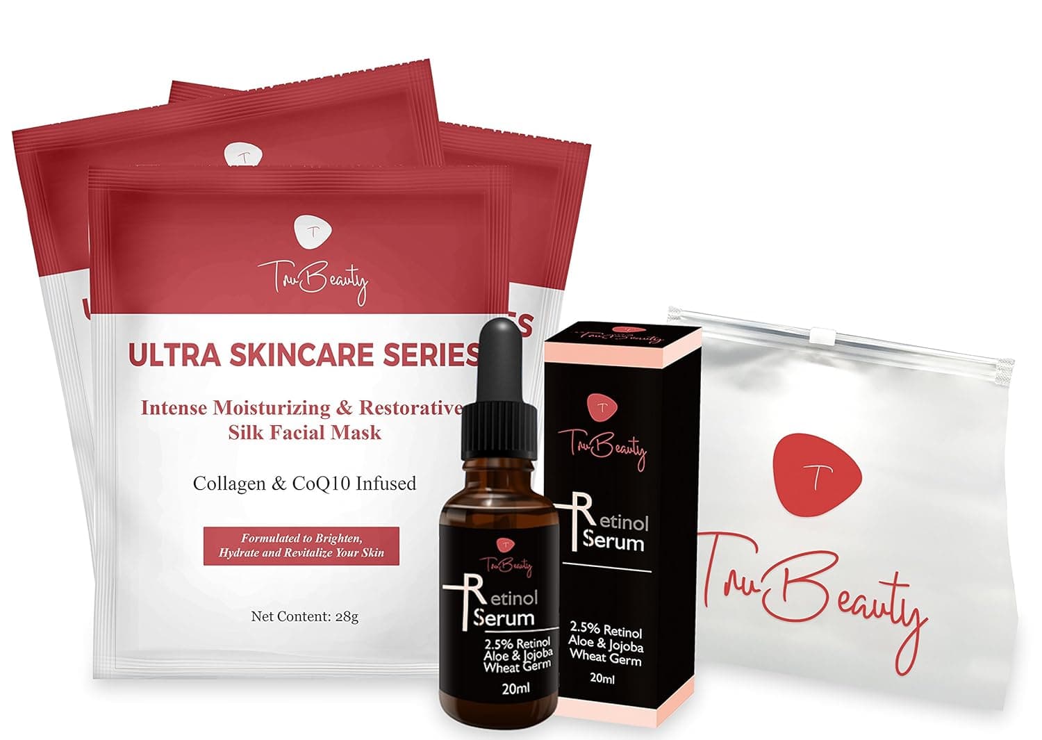 Collagen Sheet Mask With Firming Retinol Serum & Makeup Bag | Restorative CoQ10 Infused Collagen Mask & Aloe & Jojoba Serum To Reduce The Appearance Of Fine Lines,Sagging Skin,Dark Spots & Wrinkles