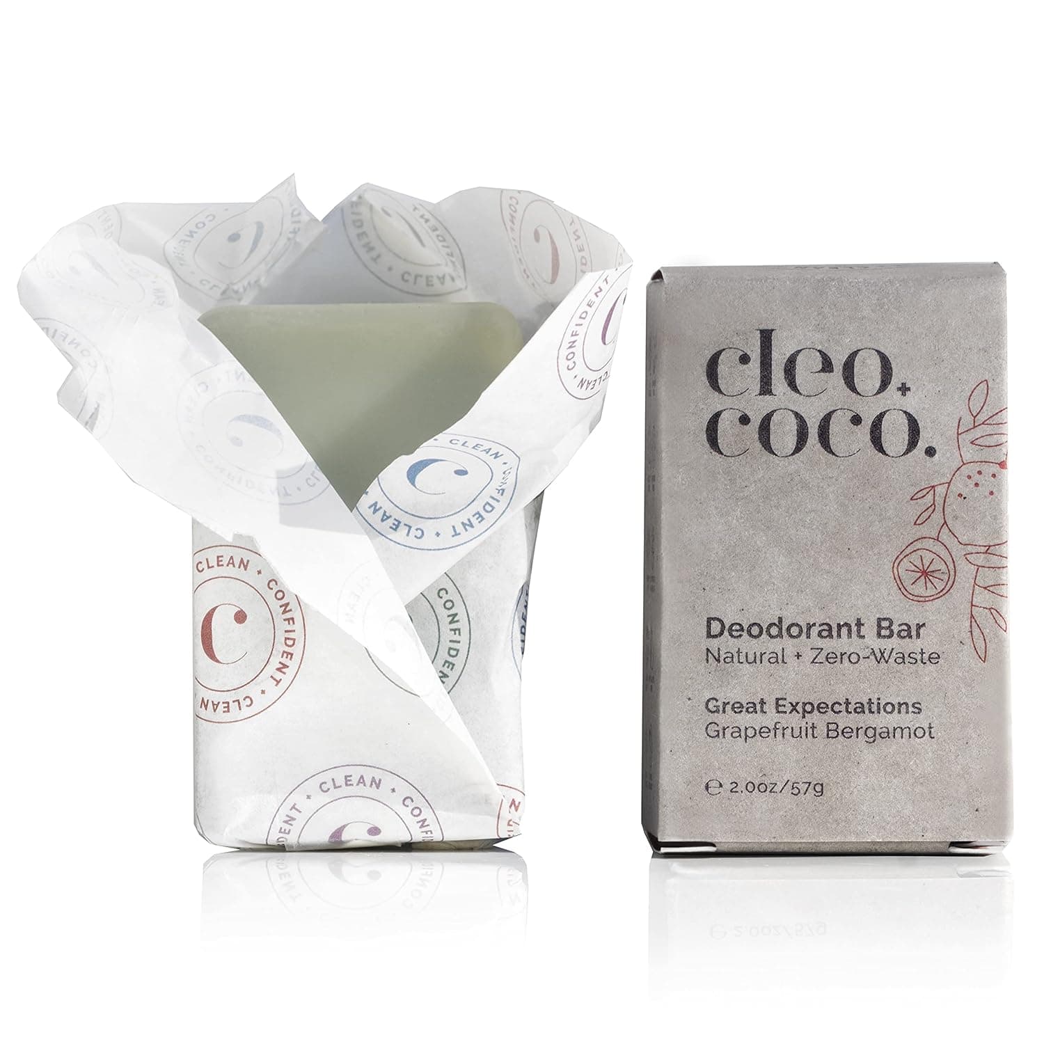 Cleo+Coco Natural Deodorant Bar for Women and Men - Long-Lasting, Aluminum-Free and Made with Organic Coconut Oil - Plastic-Free and Zero Waste Packaging, FSC Certified Recyclable Paper Box - Made in the USA, Grapefruit Bergamot 2.0 oz