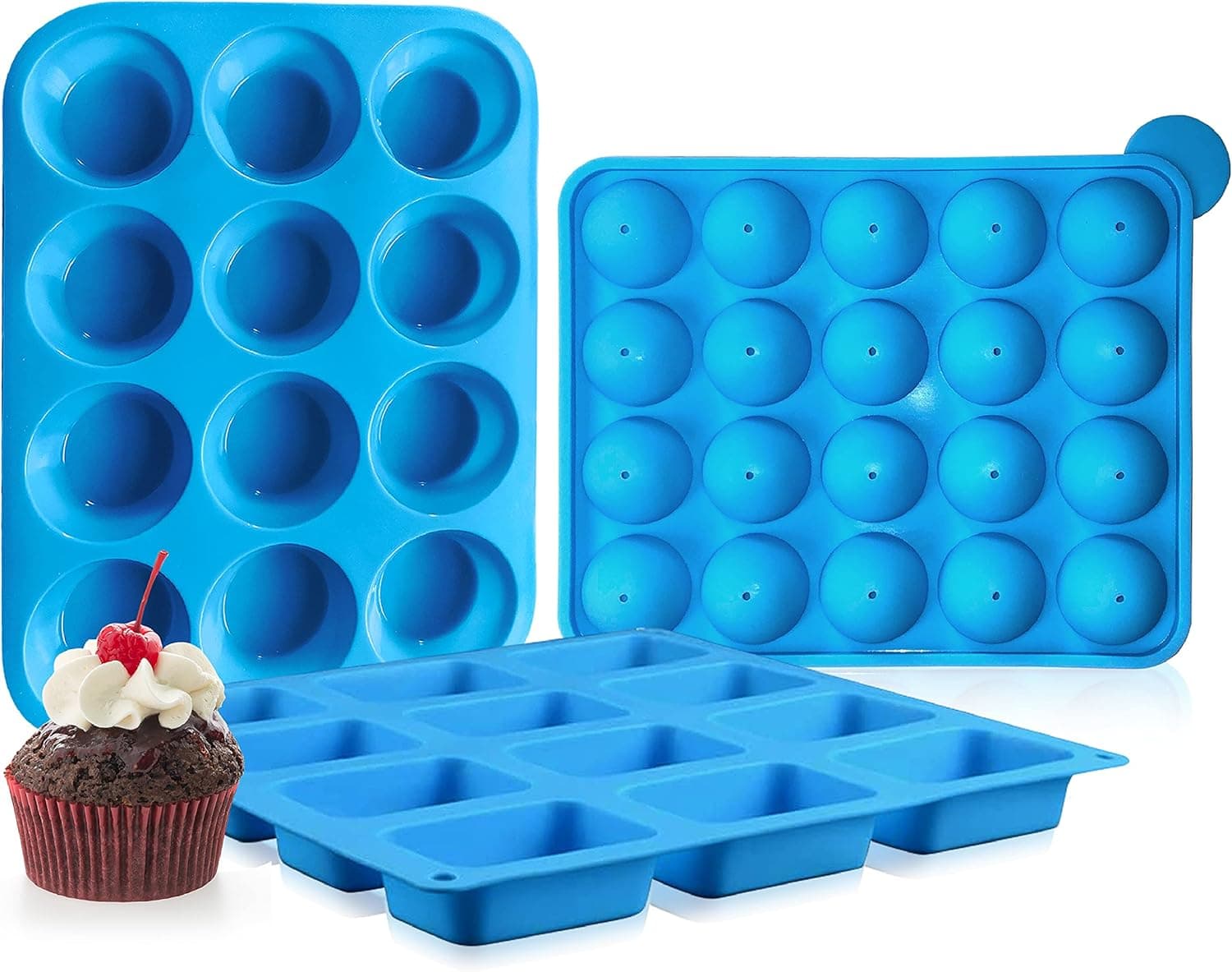 Jemiso Silicone Muffin Pan - 3 in 1 Silicone Muffin Molds - Includes Cake Pop Molds & 12-cups/ Brownie Molds 12-Cavity - Oven Resistant Cupcake Baking Pan - Easy Release Chocolate Mold