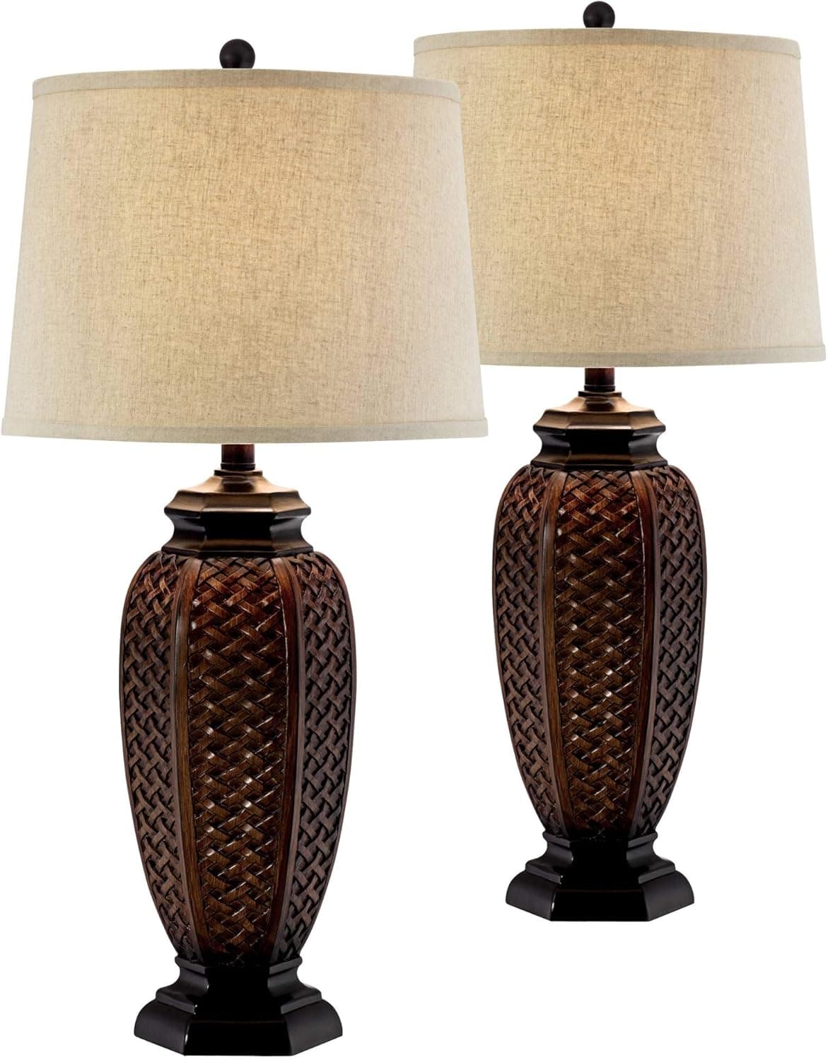 Regency Hill Tropical Jar Style Table Lamps 29" Tall Set of 2 Weathered Brown Woven Wicker Beige Linen Fabric Drum Shade Decor for Living Room Bedroom House Bedside Nightstand Home Office