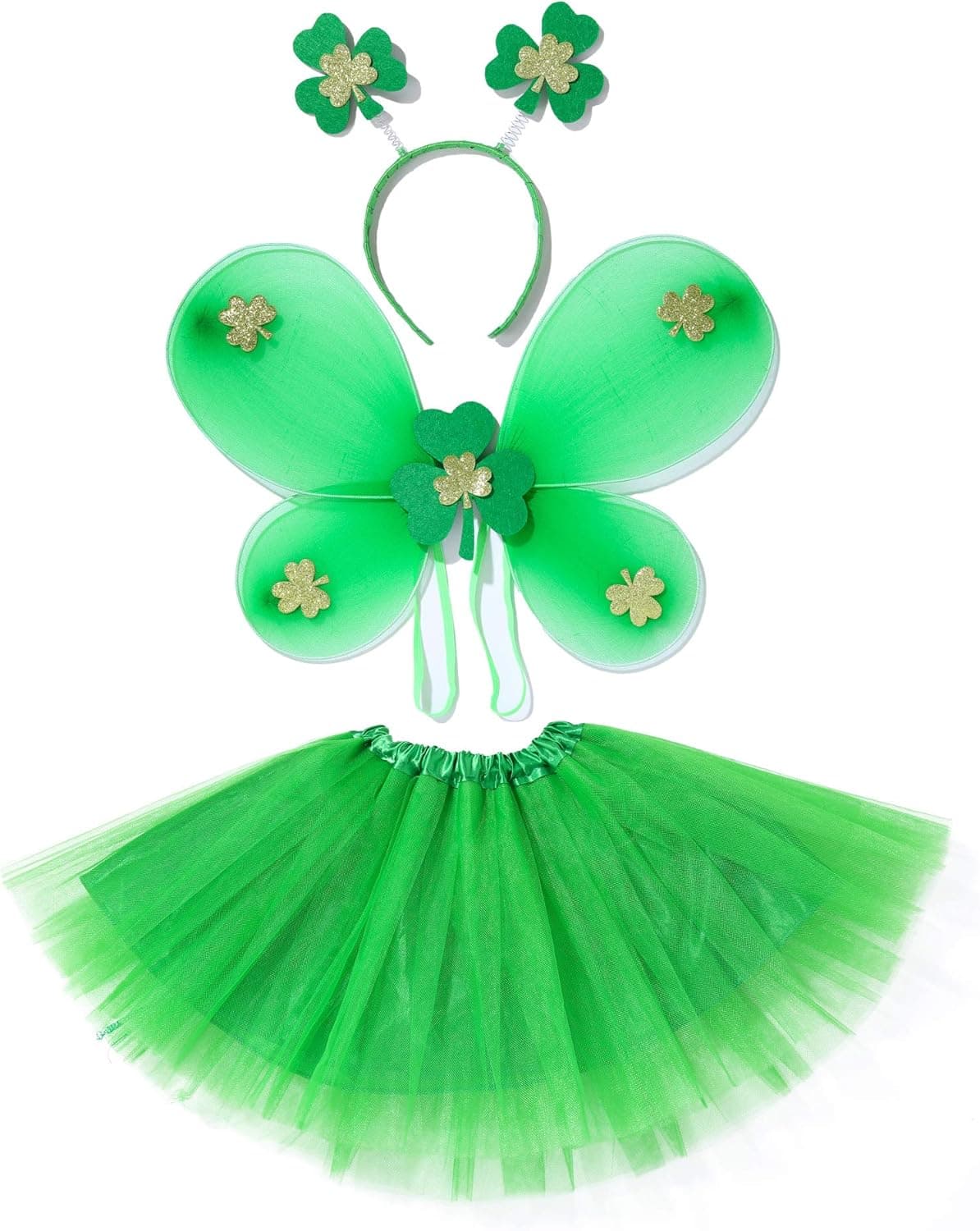JiaDuo Girls Toddler St Patricks Day Tutu Costume Green Shamrock Fairy Wings with Headband Party Accessories 2-6 Years