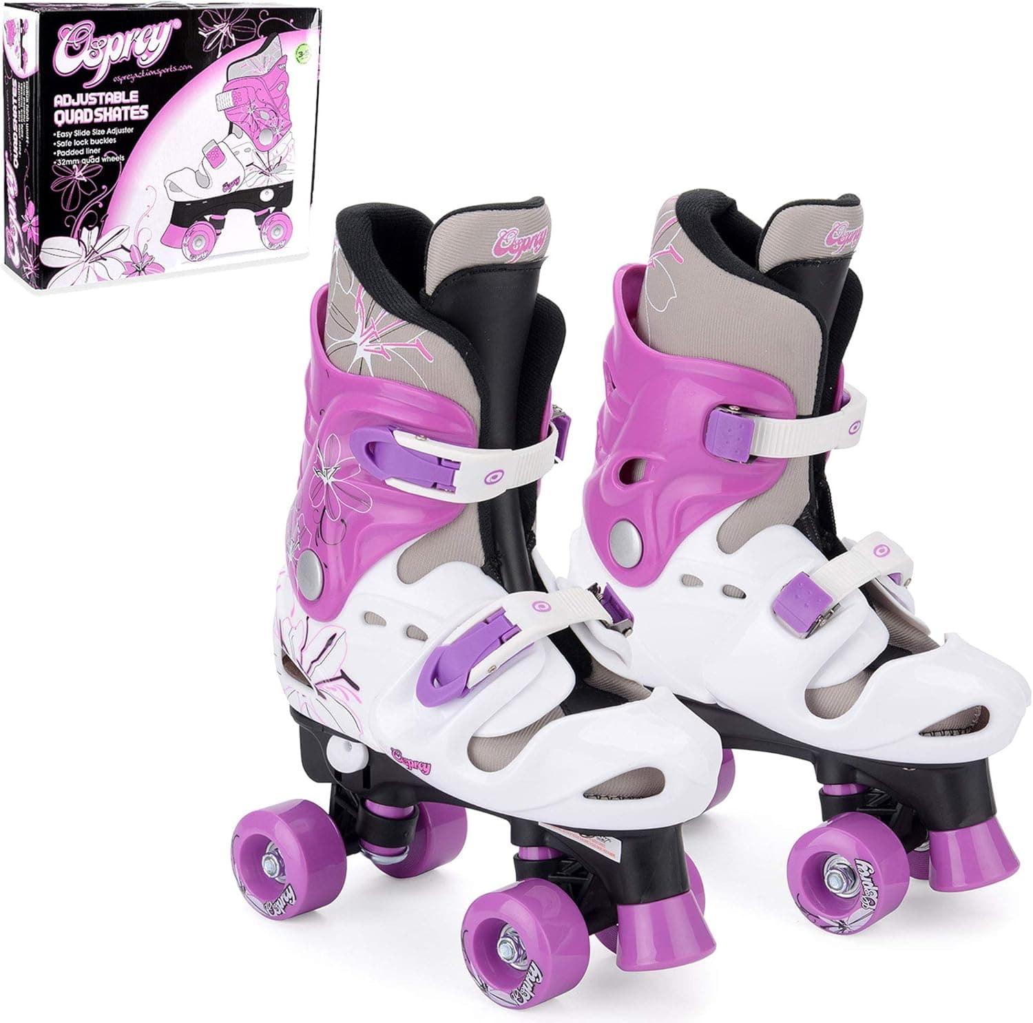 Osprey Kids Roller Skates - Adjustable Roller Skates for Girls - Quad Skate Design Multiple Colours