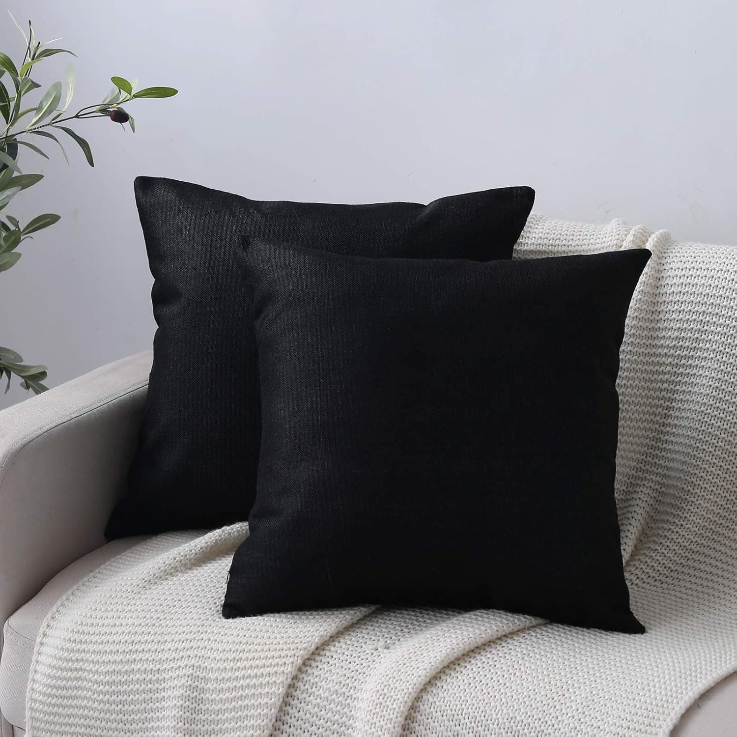 WLNUI Set of 2 Black Pillow Covers 18x18 Inch Square Rustic Linen Decorative Throw Pillow Covers Cushion Case for Sofa Couch Home Farmhouse Decor