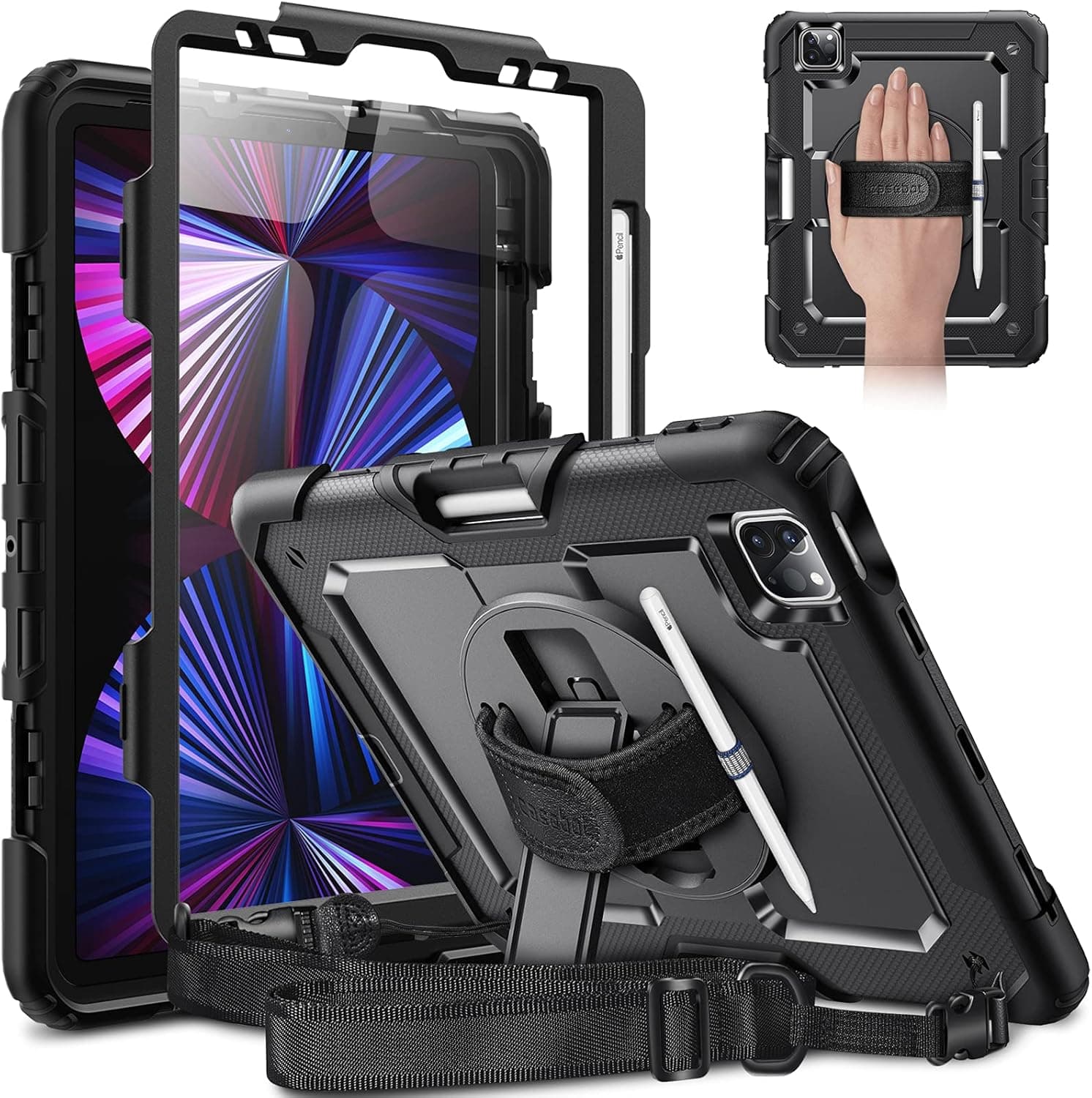 CaseBot iPad Pro 11 Inch Case 2022/2021/2020 with Screen Protector, [360° Rotating Kickstand] Full Body Rugged Shockproof Cover with Hand Shoulder Strap&Pencil Holder, Also Fit iPad Air 4th Gen, Black