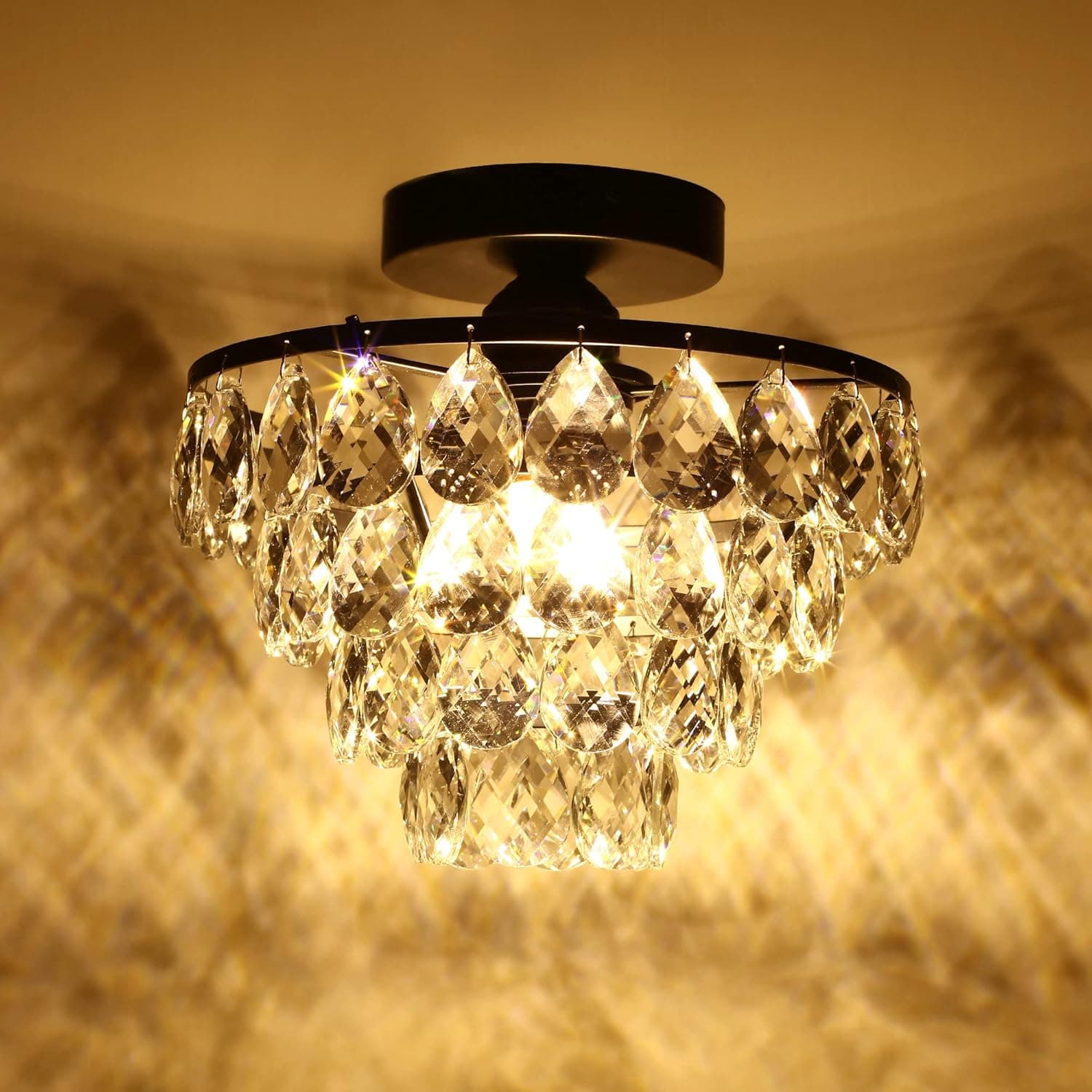 Luupyia Mini Crystal Chandelier Ceiling Light Small, Modern Crystal Ceiling Light for Hallway Ceiling Light Fixtures Flush Mount Black Crystal Chandelier for Bedroom Hall Living Room Hallway