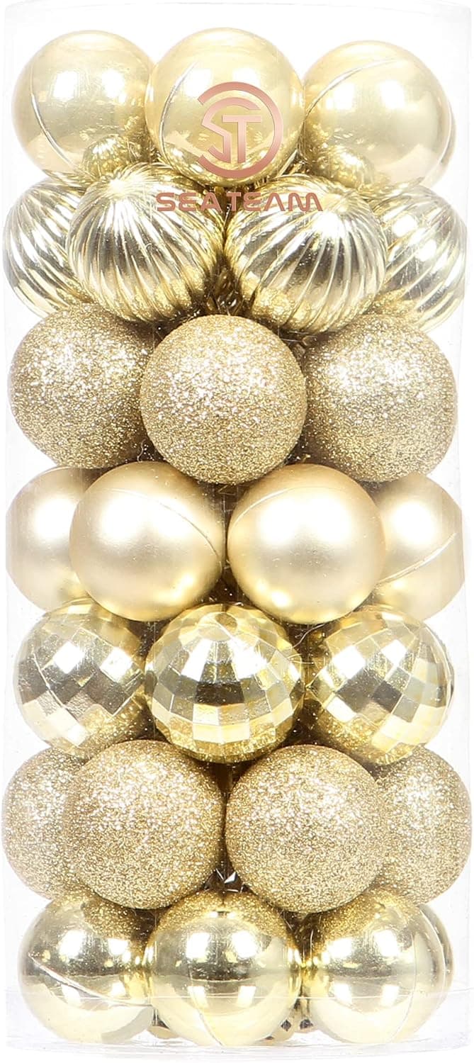 Sea Team 30ct Christmas Ball Ornaments Shatterproof Christmas Tree Baubles Decorations with Tied Strings for Holiday Wedding Party Decor, Glitters-free Easy to Clean, 1.97"/50mm, Gold