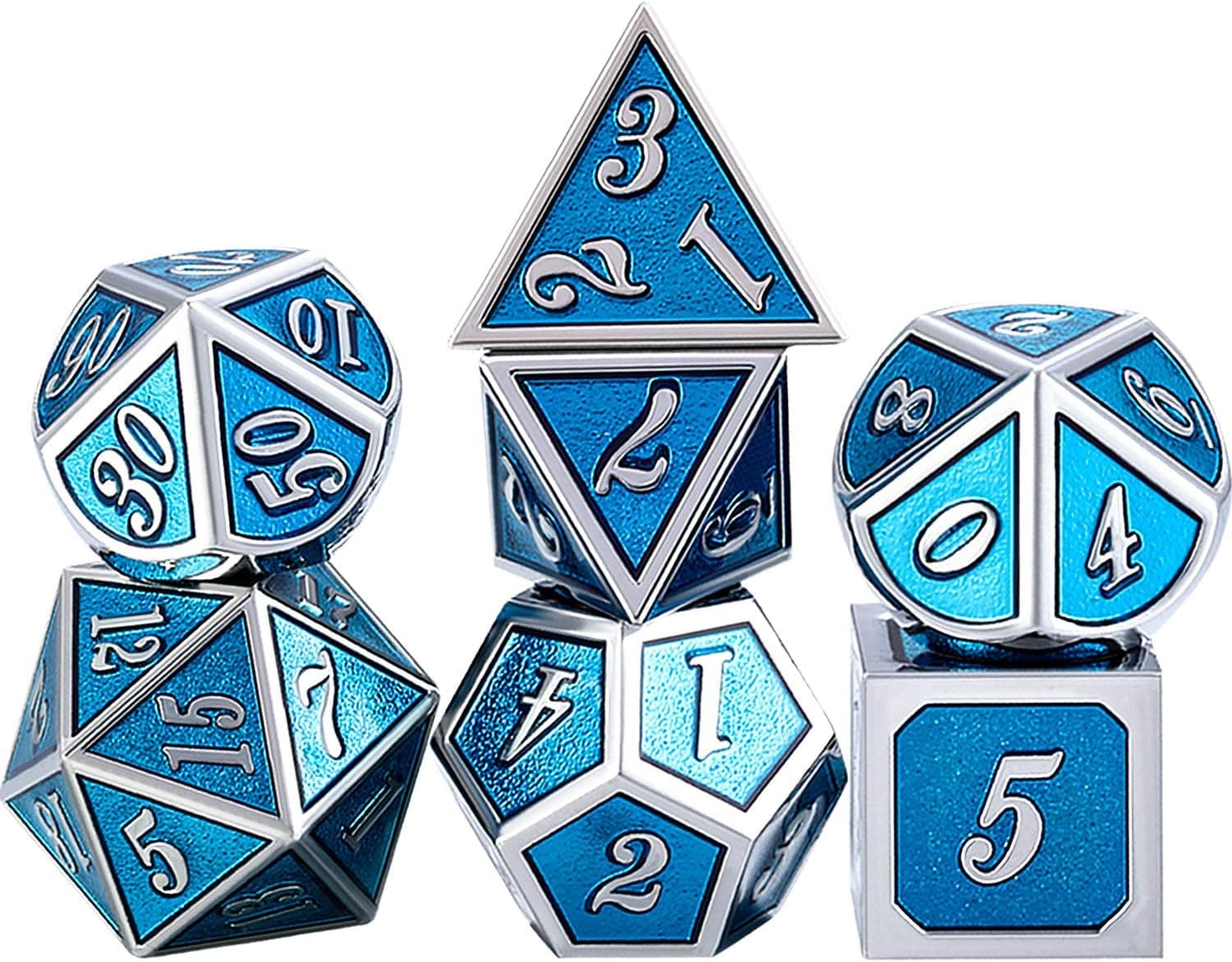 7 Die Metal Polyhedral Dice Set DND Role Playing Game Dice Set with Storage Bag for RPG Dungeons and Dragons D&D Math Teaching (Shiny Silver and Blue)