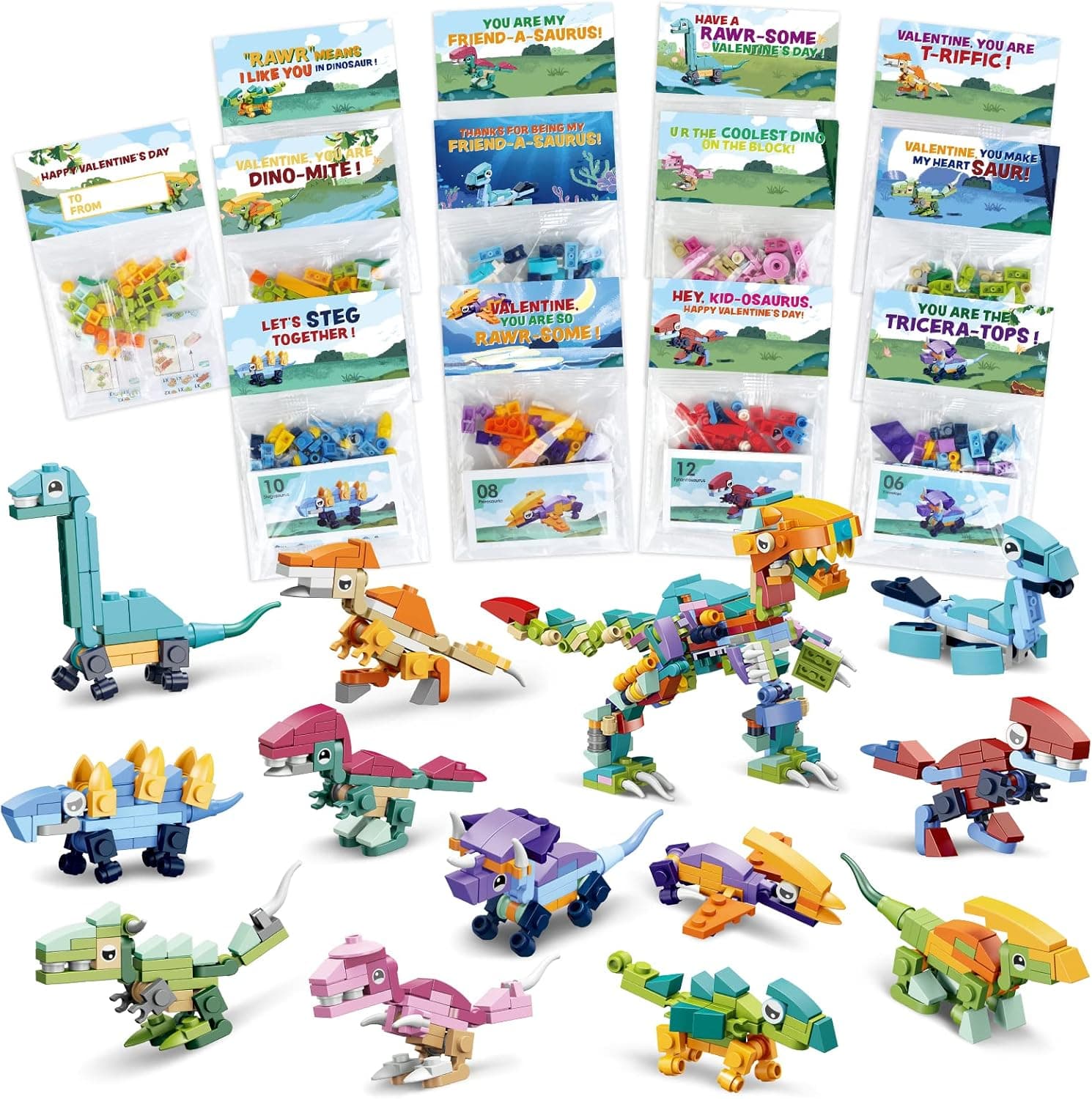 24 Packs Valentines Day Cards for Kids with Dinosaur Building Blocks for School Classroom Valentine's Gifts Exchange, Valentine's Party Favors for Kids, Valentine's Gift Cards Bulk, Valentine's Prizes