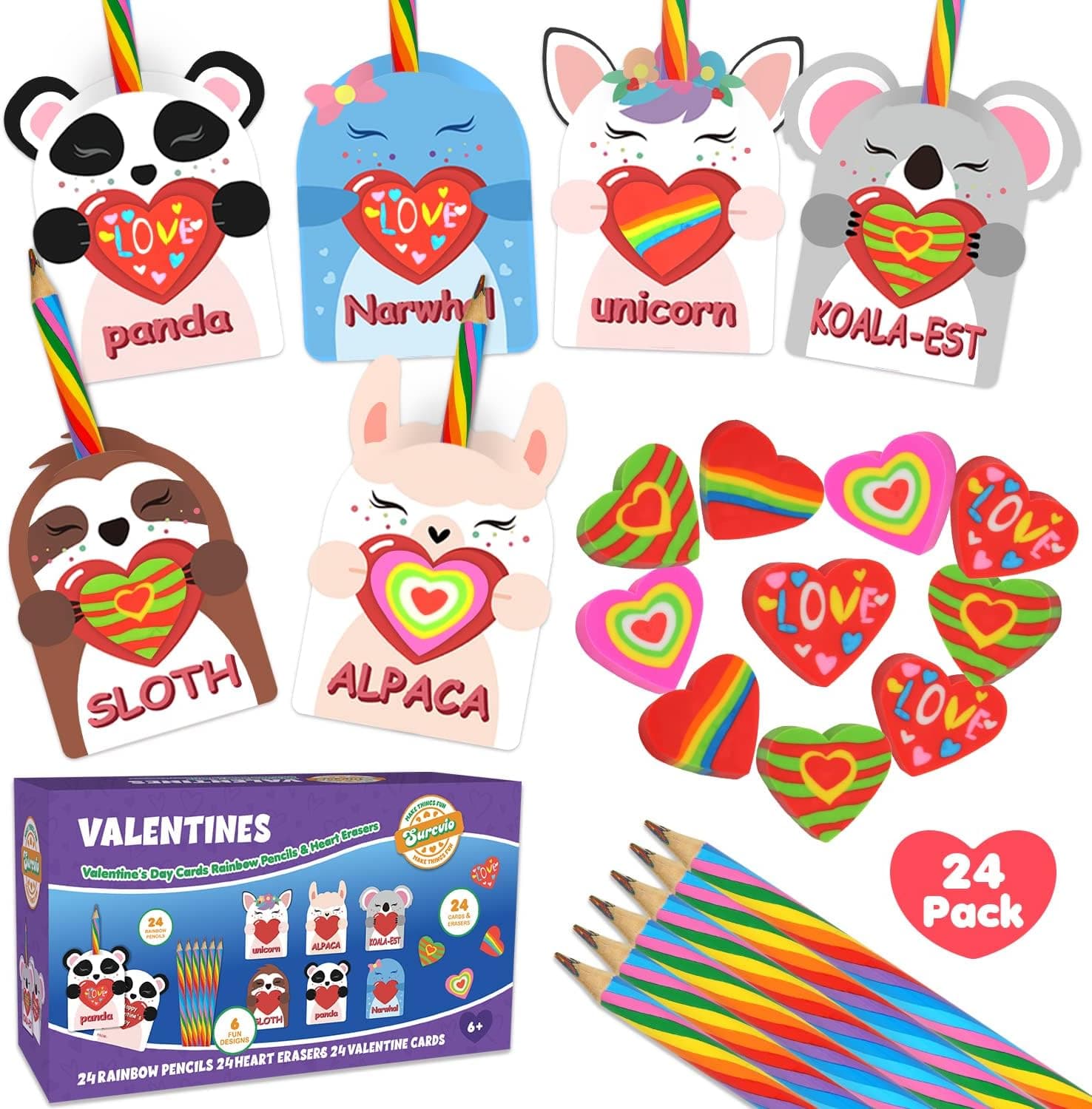 SURCVIO 24 Pack Unicorn Valentines Day Cards for Kids, 24 Rainbow Pencils + 24 Heart Erasers Stationery Valentines Classroom Exchange Party Favors Valentines Card Gifts for Boys Girls School