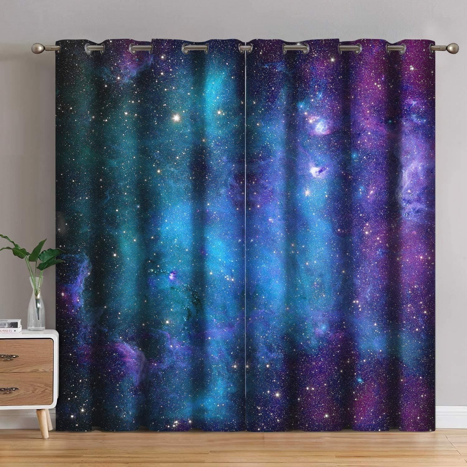 Jekeno Galaxy Blackout Curtain Outer Space Nebula Universe Stars Starry Sky Night Dark Blue Printed Grommet Window Drapes Galaxy Decor for Kids Bedroom Living Room 2 Panel Set, 52"x63"