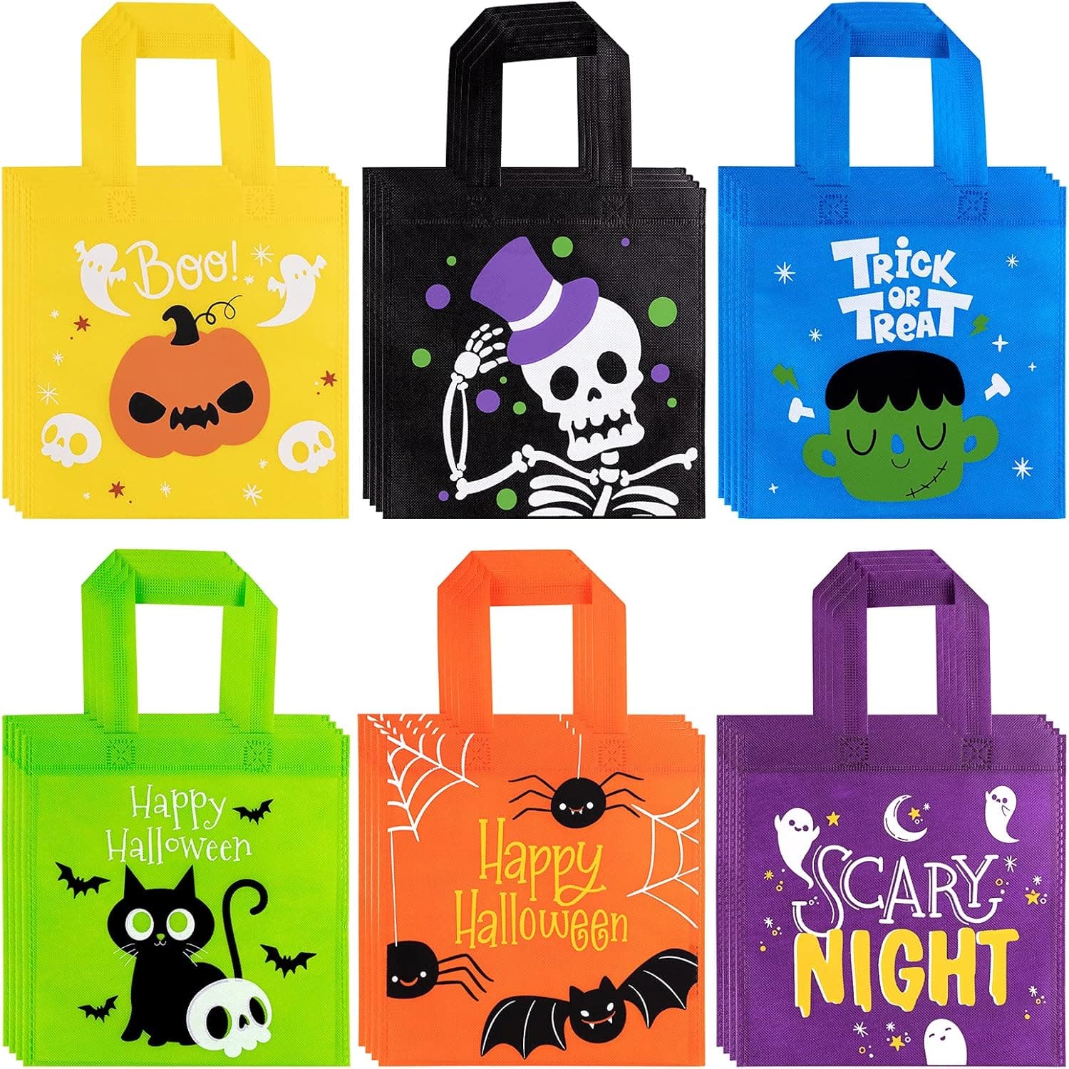 DECORLIFE 24 Pack Trick or Treat Bags, 8.6 x 8.6 Inches, Non-woven Halloween Candy Bags for Kids, Halloween Treat Bags with Handles for Party Favors, 6 Styles