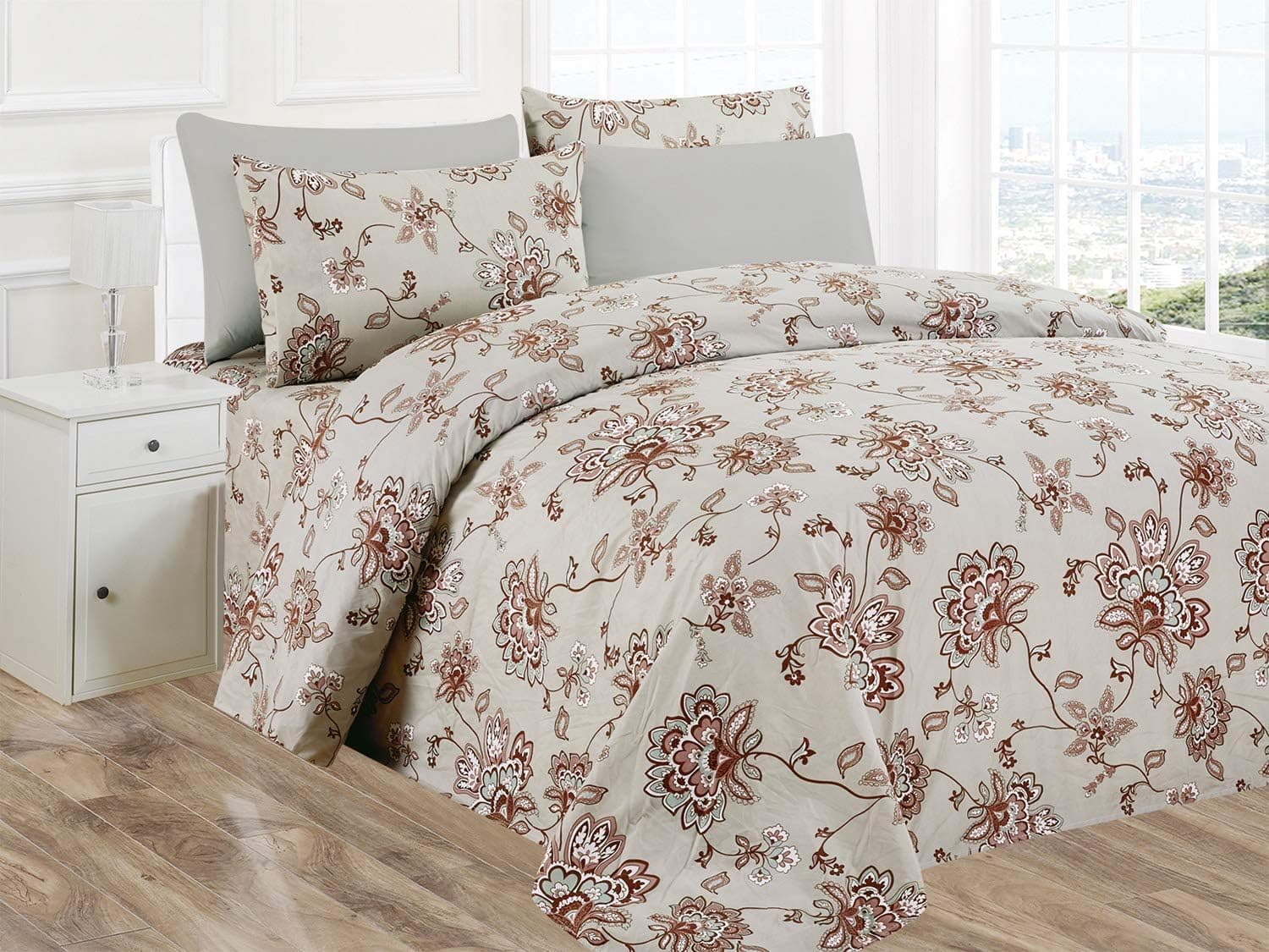 PREMIUS Super Soft Printed Sheet Set, Wrinkle-Free, Luxurious Microfiber Fabric, Easy Care, 14-Inch-Deep Pocket Fitted Sheet, Additional Pillowcase Included, Designer Looks (King, Indra - Gray)