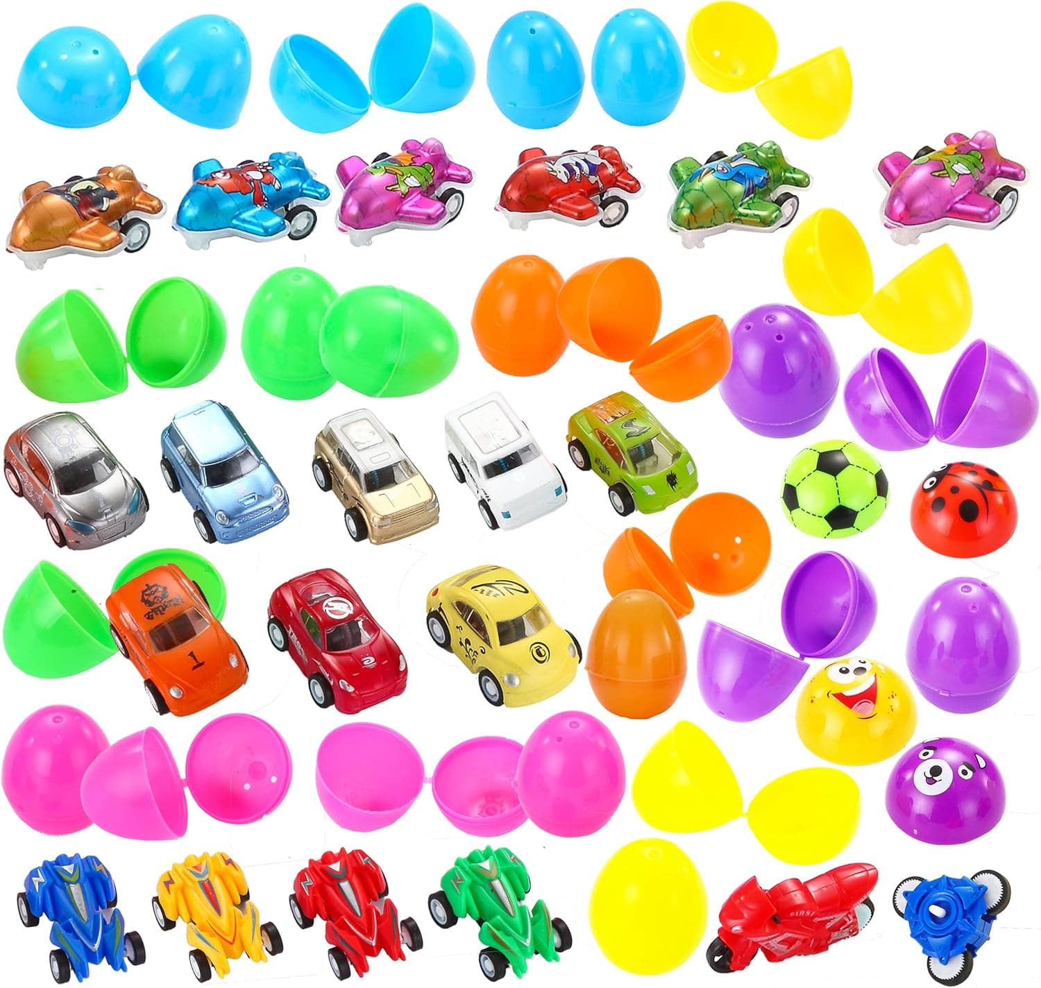 JOYIN 24 Pcs Easter Eggs Filled with Toy Cars, 2.25" Colorful Easter Egg Prefilled with Various Pull Back Vehicles and Friction Vehicles for Kids Easter Eggs Hunt, Easter Basket Stuffers, Party Favors