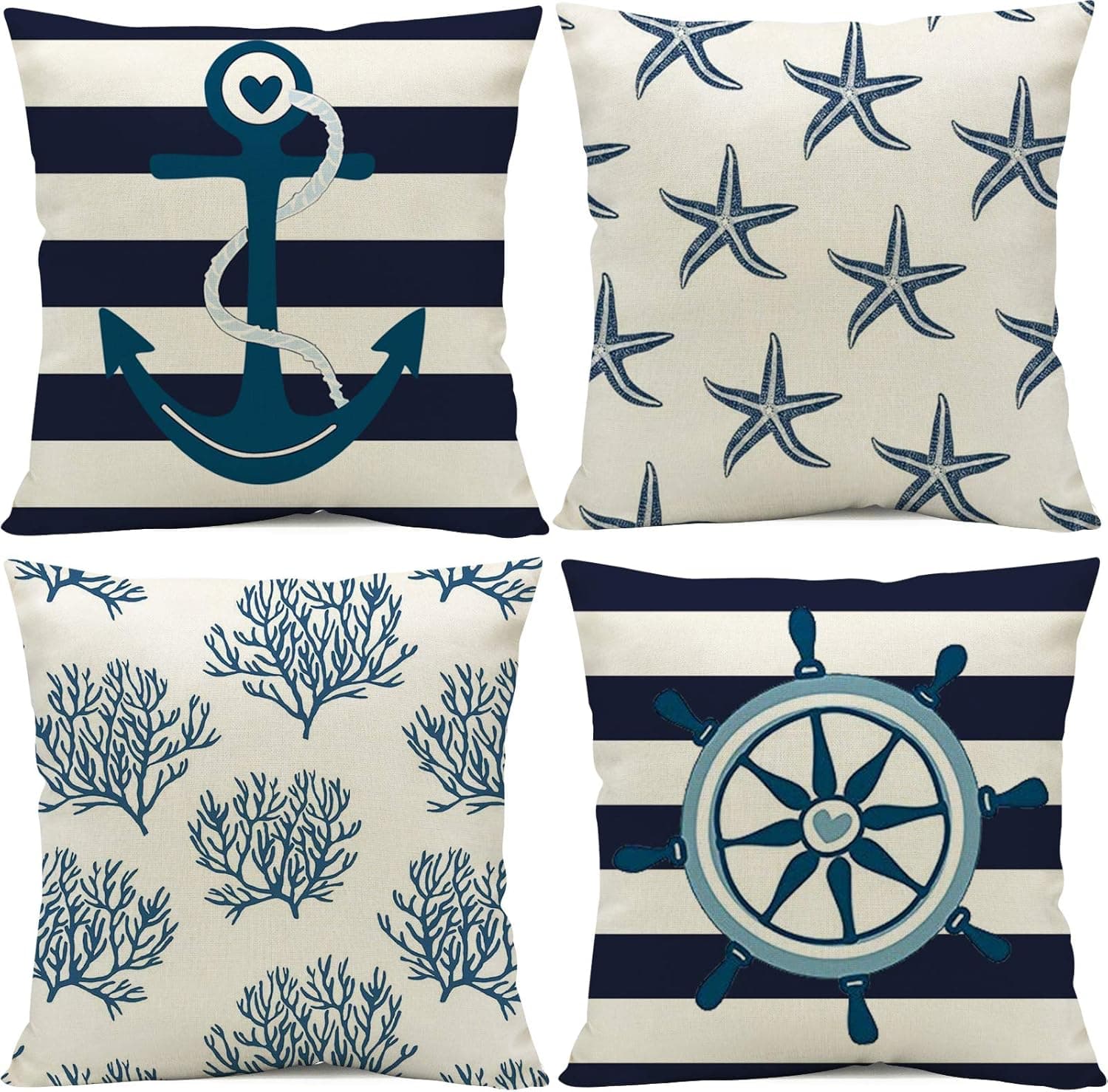 Throw Pillow Covers,Summer Nautical Anchor,Beach Pillow Covers, Coral,Starfish,Home Decorative Throw Pillow Case Cushion Cover for Couch Sofa Bed 18" x 18" Set of 4 (Navy Blue)