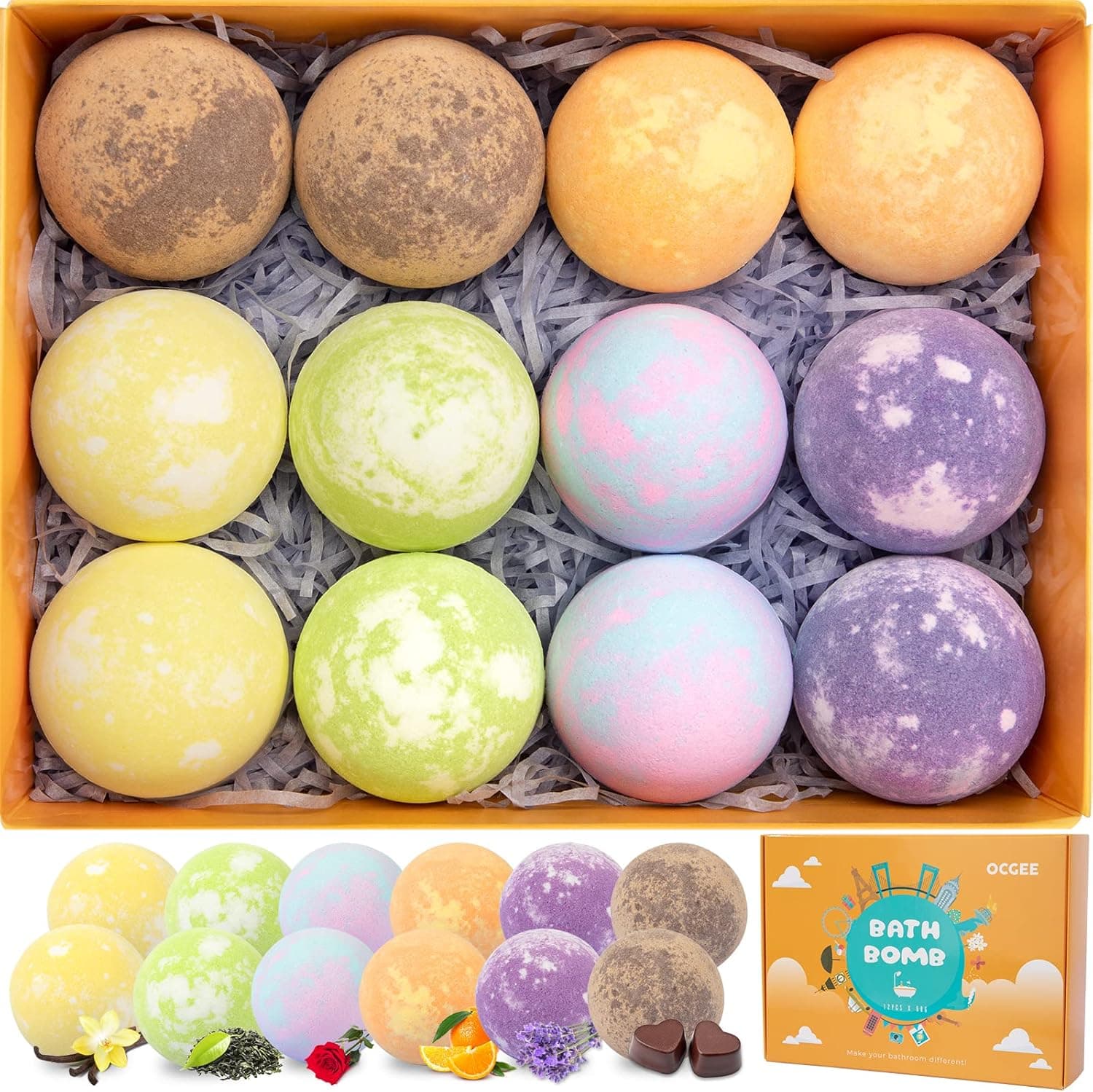 Lovely Organic Essential Oil Bath Bombs Gift Set for Women/Kids, OCGEE Travel Series with 12 Pcs Individually Wrapped Natural Dense Bath Balls(6 Unique Strong Scents), Long Fizz Spa to Relax(12*2.1oz)