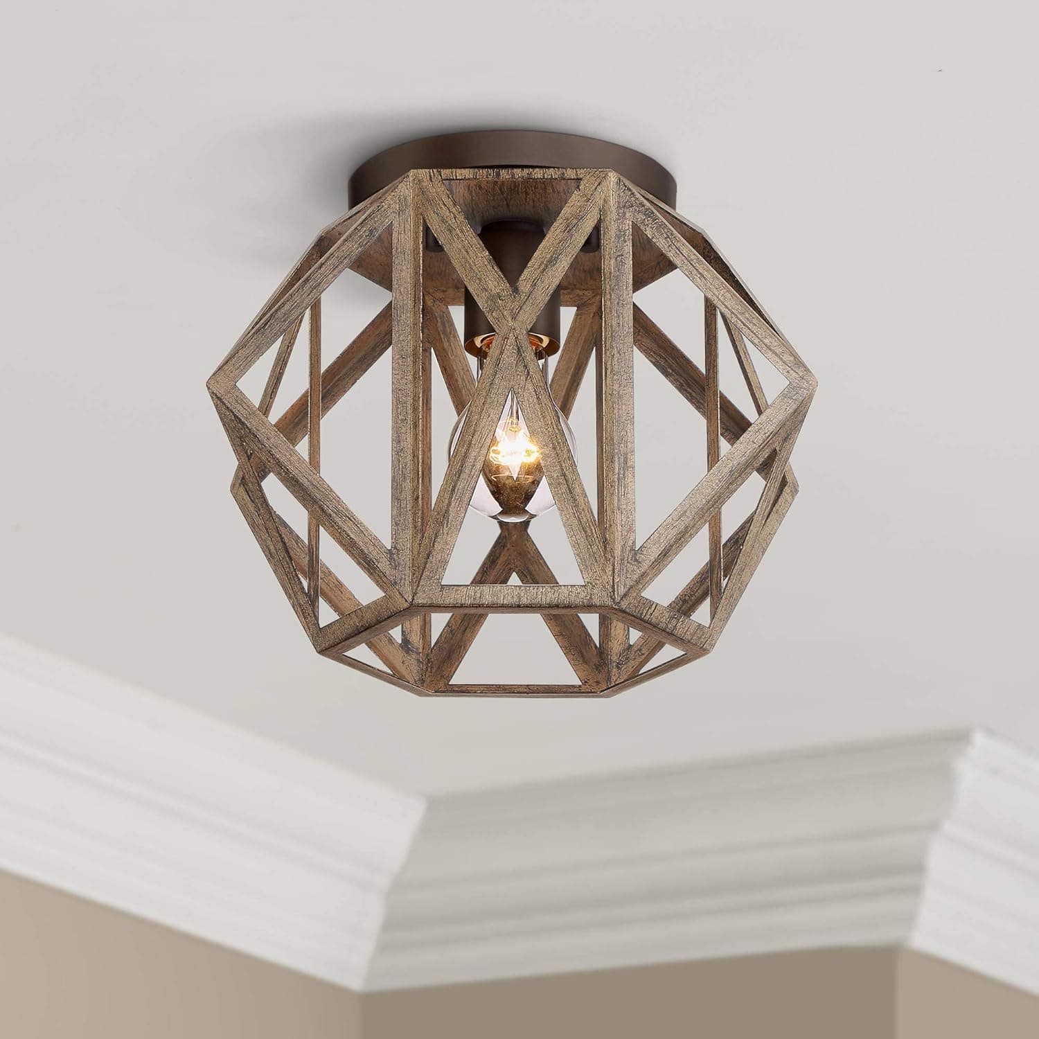 Possini Euro Design Moorcroft Farmhouse Rustic Close to Ceiling Light Flush Mount Fixture 12 1/4" Wide Oil Rubbed Bronze Wood Finish Hexagon Shade Bedroom Hallway Living Room Bathroom Kitchen