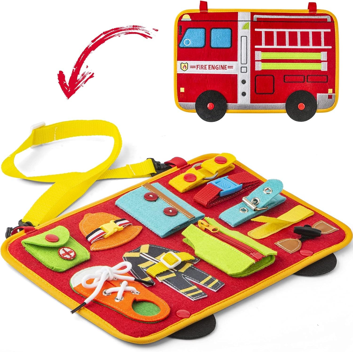 Busy Board,Fire Truck Style Activity Board(14 in 1),Toddlers Sensory Toy Montessori Toy for Fine Motor Skills and Learn to Dress, Preschool Educational Kids Gift,Learning Toy for Airplane Car Travel