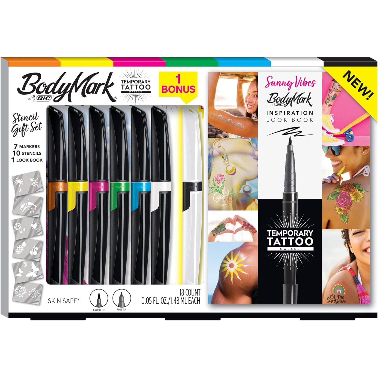BodyMark by BIC, Temporary Tattoo Marker and Stencil Kit, Sunny Vibes Inspiration, Skin Safe, Mixed Brush Tip & Fine Tip, Assorted Colors, 6-Pack + 1 Bonus Marker