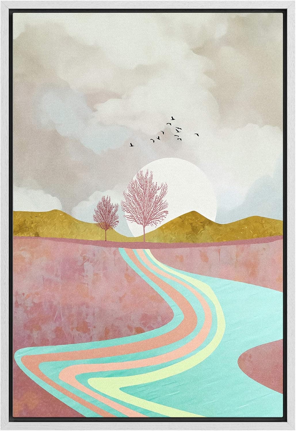 SIGNFORD Framed Canvas Print Wall Art Pink Forest Landscape with River & Birds Abstract Wilderness Illustrations Modern Art Contemporary Scenic for Living Room, Bedroom, Office - 16"x24" White