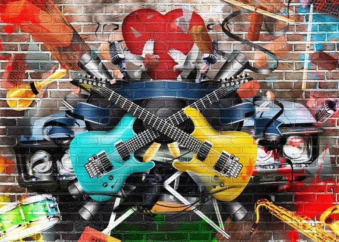 BELECO 7x5ft Fabric Rock and Roll Guitar Backdrop Graffiti Brick Wall Musical Phtography Backdrop for Party Decoration 80s 90s Birthday Banner Disco Concert Photoshoot Photo Background Props