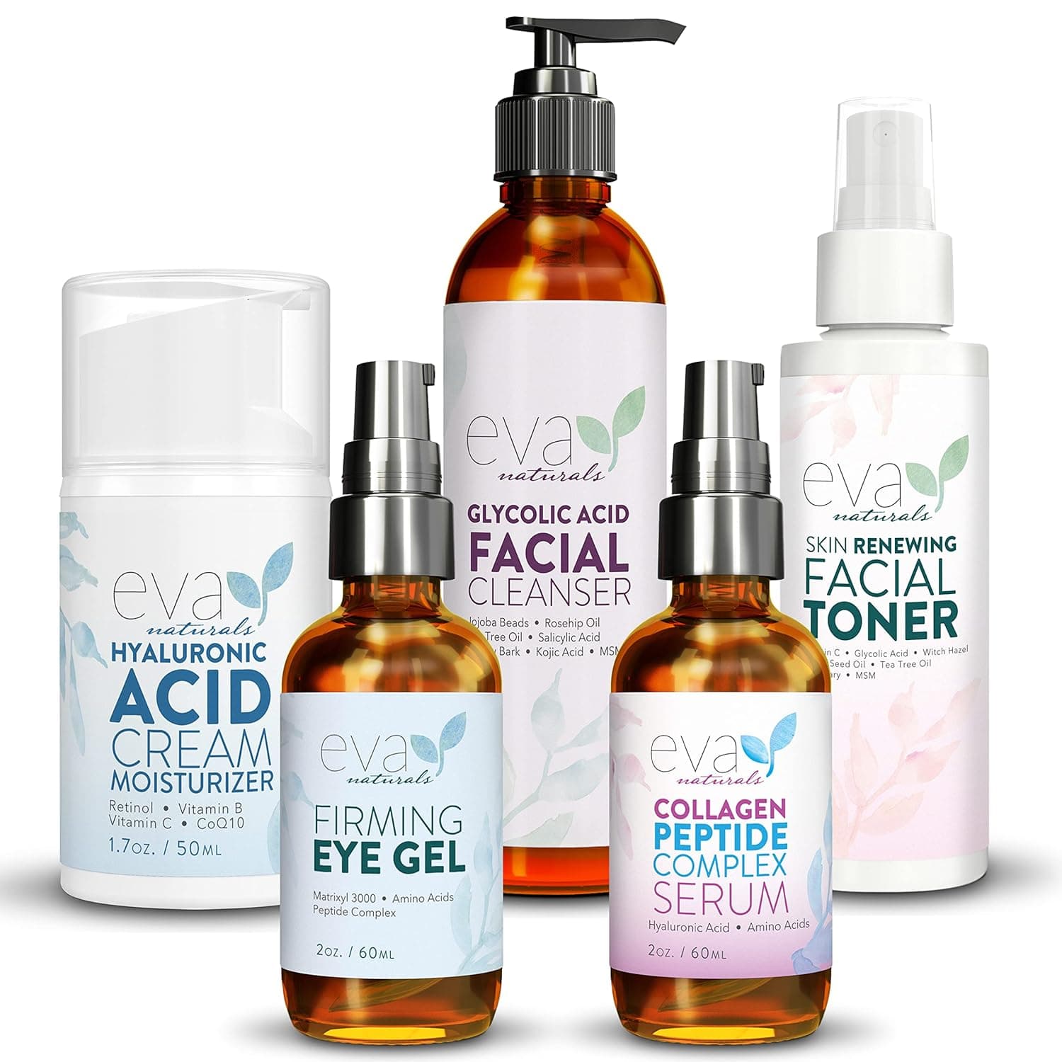Full Face Routine Skincare Bundle - Glycolic Acid Facial Cleanser (6oz), Skin Renewing Facial Toner (4oz), Peptide Complex Serum, Eye Gel (2oz) and Hyaluronic Acid Moisturizing Cream (1.7oz)